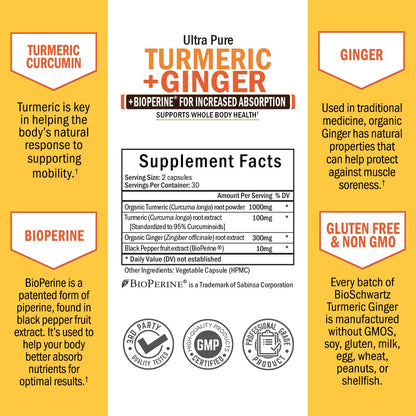Organic Turmeric Curcumin and Ginger - 95% Standardized Curcuminoids with BioPerine BioSchwartzUS supplements