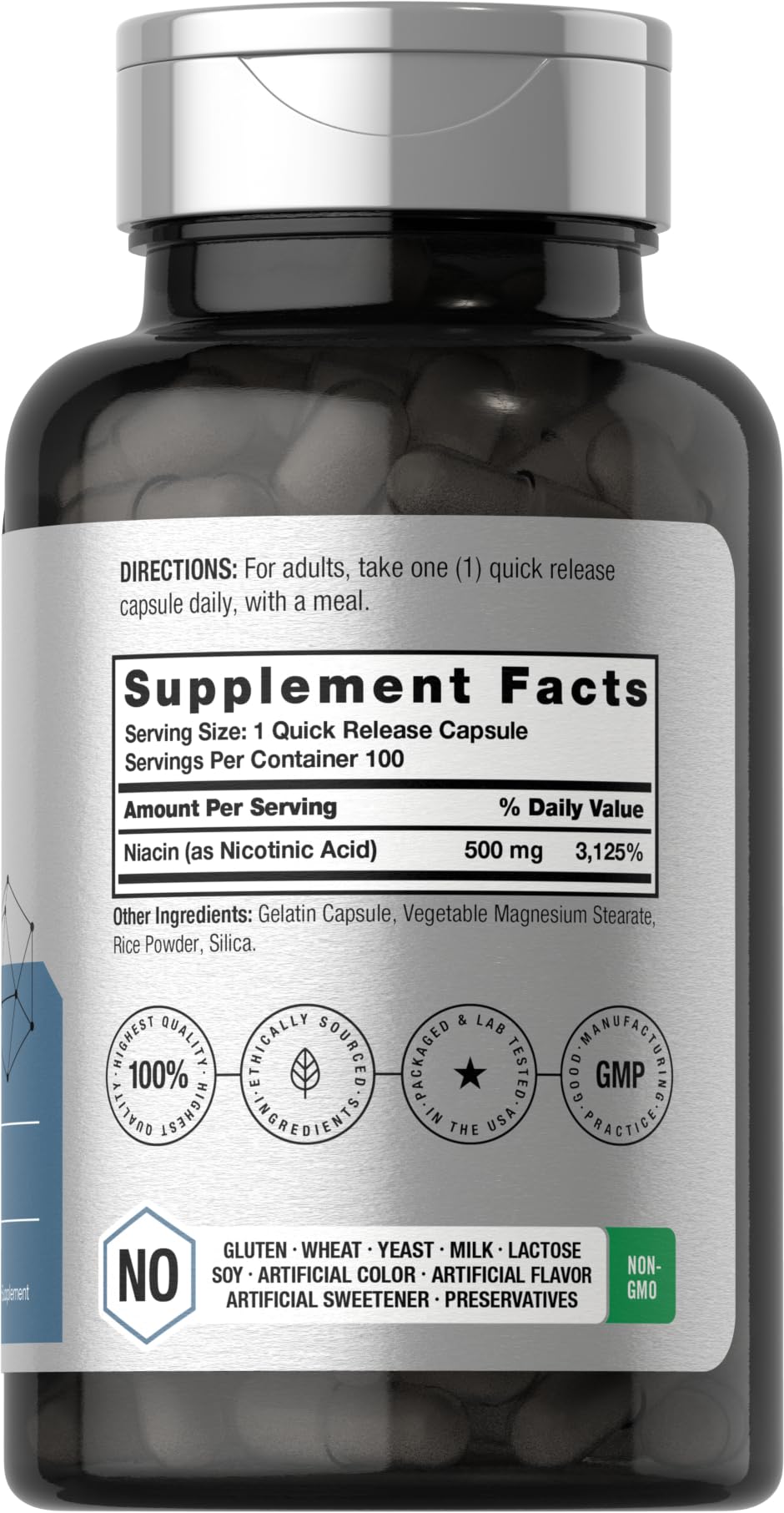 Niacin | Vitamin B3 500mg | 100 Capsules | with Flushing | Non-GMO, and Gluten Free HorbäachUS supplements