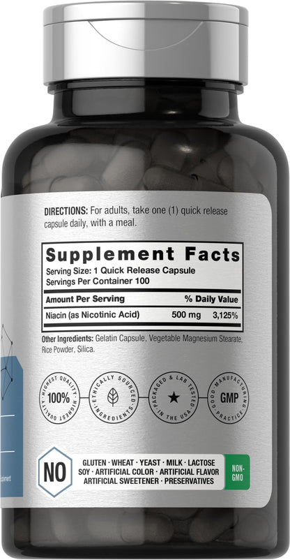 Niacin | Vitamin B3 500mg | 100 Capsules | with Flushing | Non-GMO, and Gluten Free HorbäachUS supplements