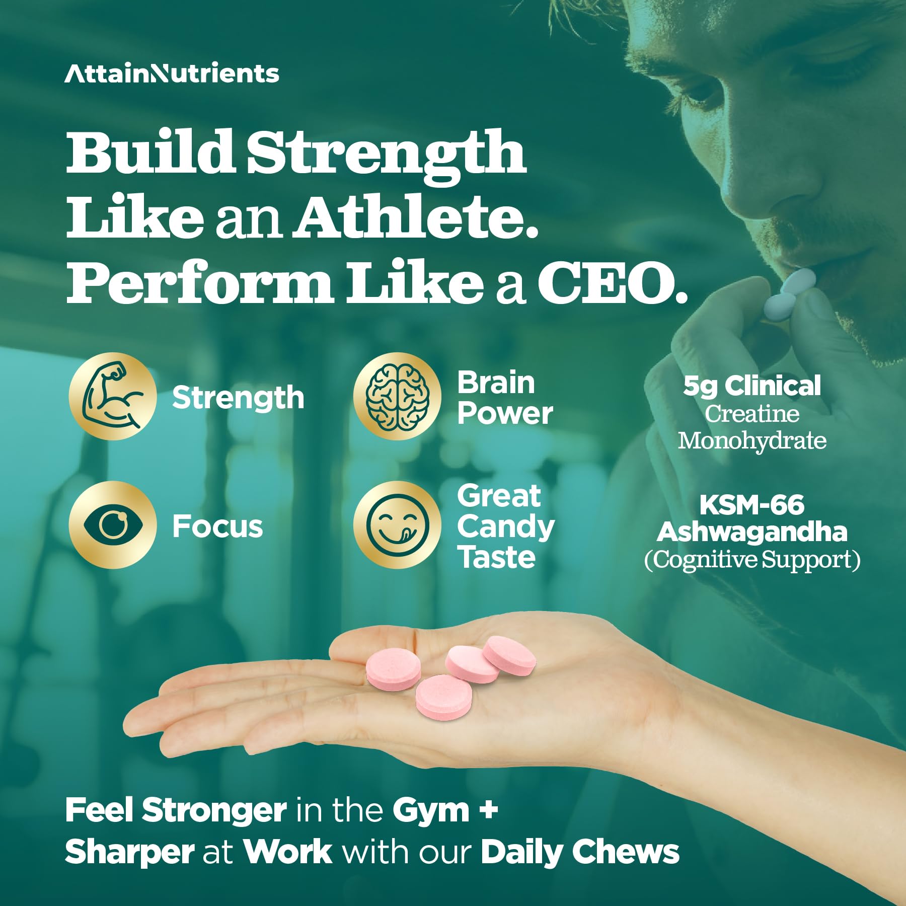 Creatine Chews - 5000mg Creatine Monohydrate Tablets for Men & Women with Ashwagandha KSM-66 - Low Sugar Muscle Support & Cognitive Boost - Gummy Alternative - 120 Count (Strawberry Lemonade) Attain NutrientsAu supplements