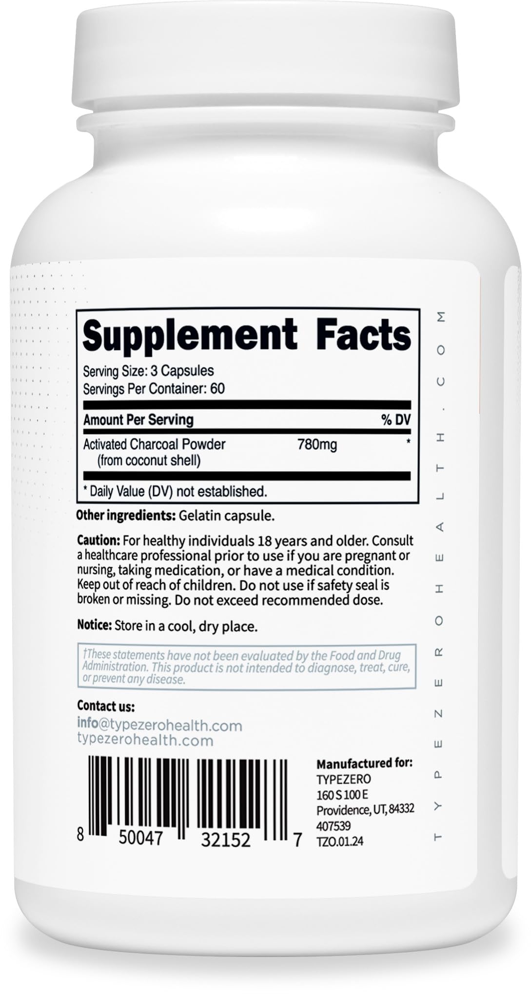 Type Zero Activated Charcoal Capsules (180 Count) - 60 Servings, 780mg Per Serving, from Coconut Shell, Non-GMO, Gluten-Free Type ZeroUS supplements