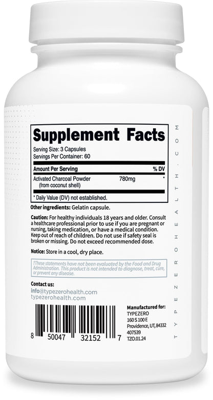 Type Zero Activated Charcoal Capsules (180 Count) - 60 Servings, 780mg Per Serving, from Coconut Shell, Non-GMO, Gluten-Free Type ZeroUS supplements