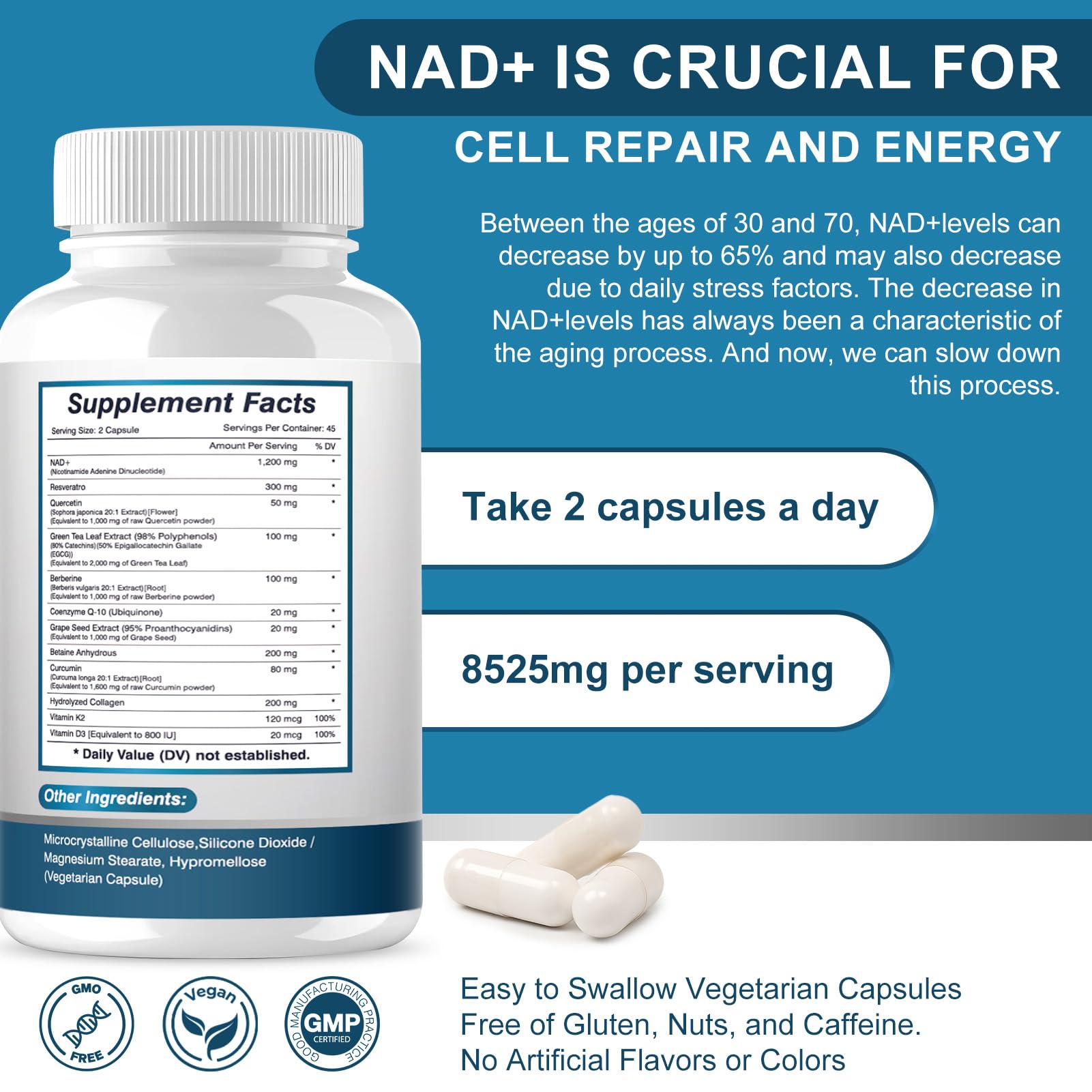 ETOVO NAD+ Supplement, 8525 mg Liposomal NAD Resveratrol Supplement for Women and Men with Coptisine Quercetin Curcumin Supports Cellular Health, Energy & Healthy Anti-Aging 180 Counts ETOVOAu supplements