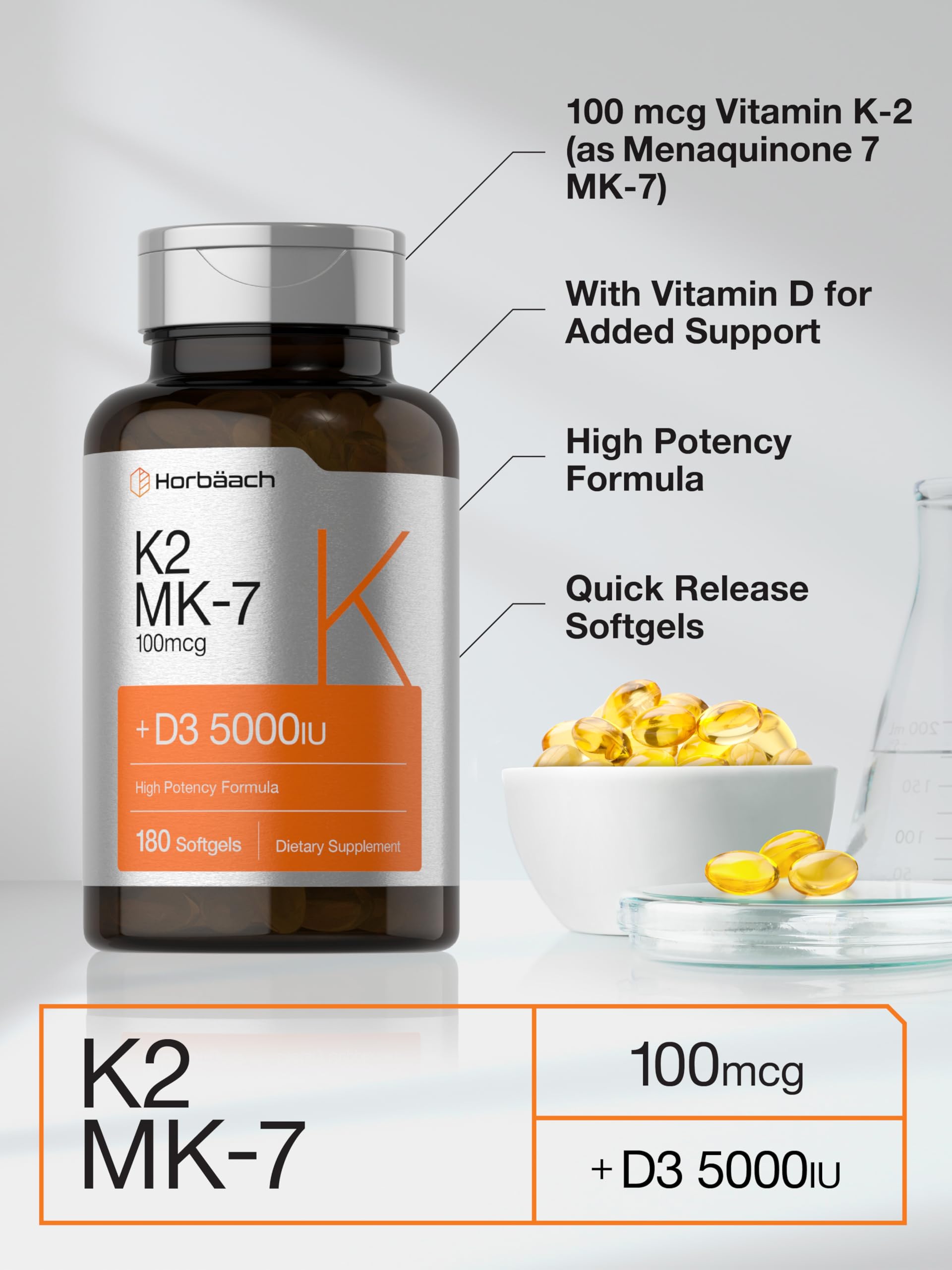 Horbäach Vitamin D3 K2 | 5000iu of Vitamin D & 100mcg MK-7 Complex | 180 Softgel Cap HorbäachUS supplements