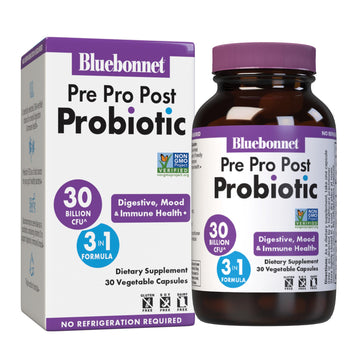 BlueBonnet Nutrition Pre Pro Post Probiotic 30 Billion CFU^ Shelf Stable – for Women & Men Digestion, Gut, Mood, Immune* - Free of Dairy, Gluten & Soy - Non-GMO - 30 Vegetable Capsules, 30 Servings BlueBonnetAu supplements