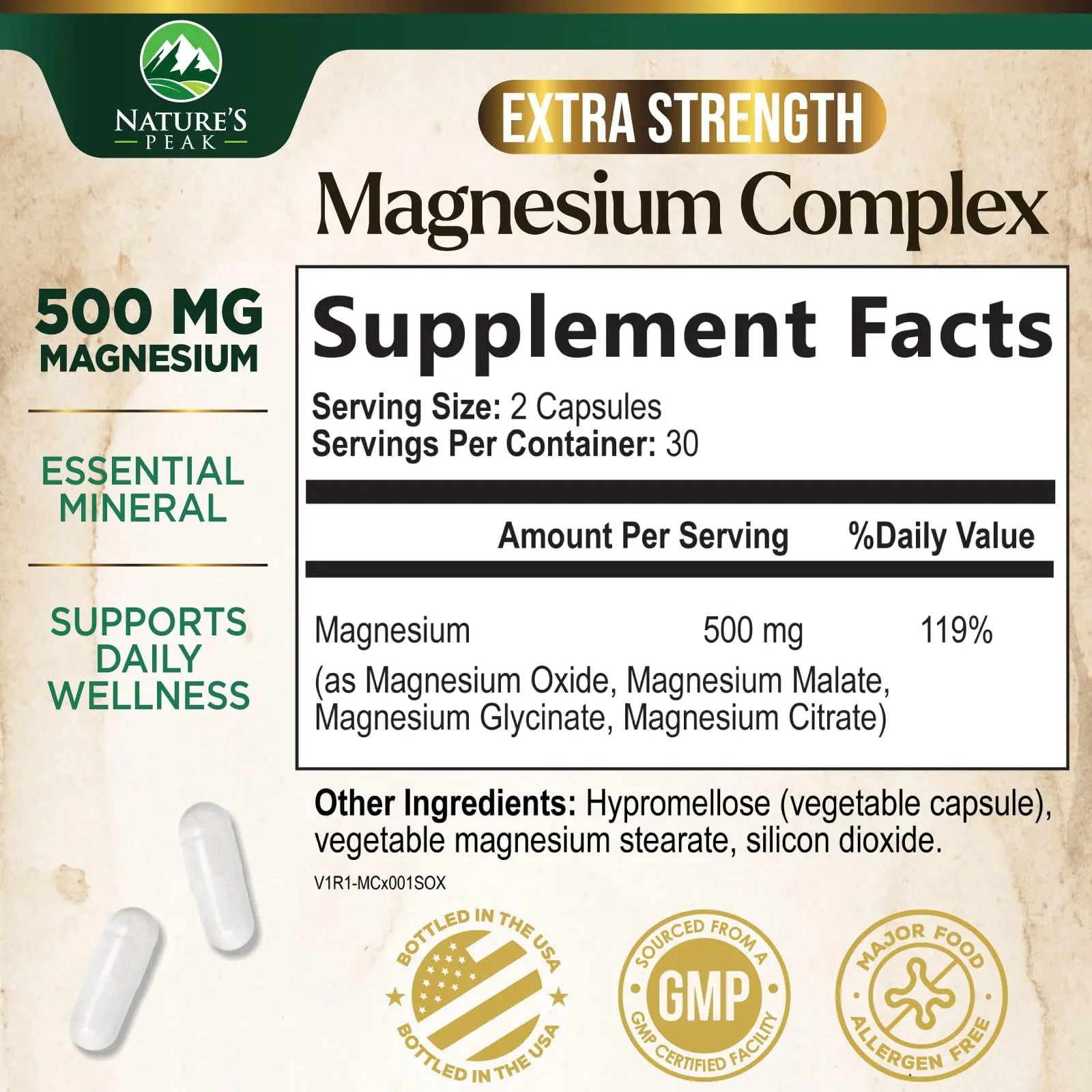 Magnesium Complex Supplement - Magnesium 500mg Per Serving - High Absorption Blend of Glycinate, Citrate, Malate, Oxide - Supports Sleep, Muscle, Bone, Heart Health - Bottled in USA - 60 Capsules Nature's Peaknz supplements