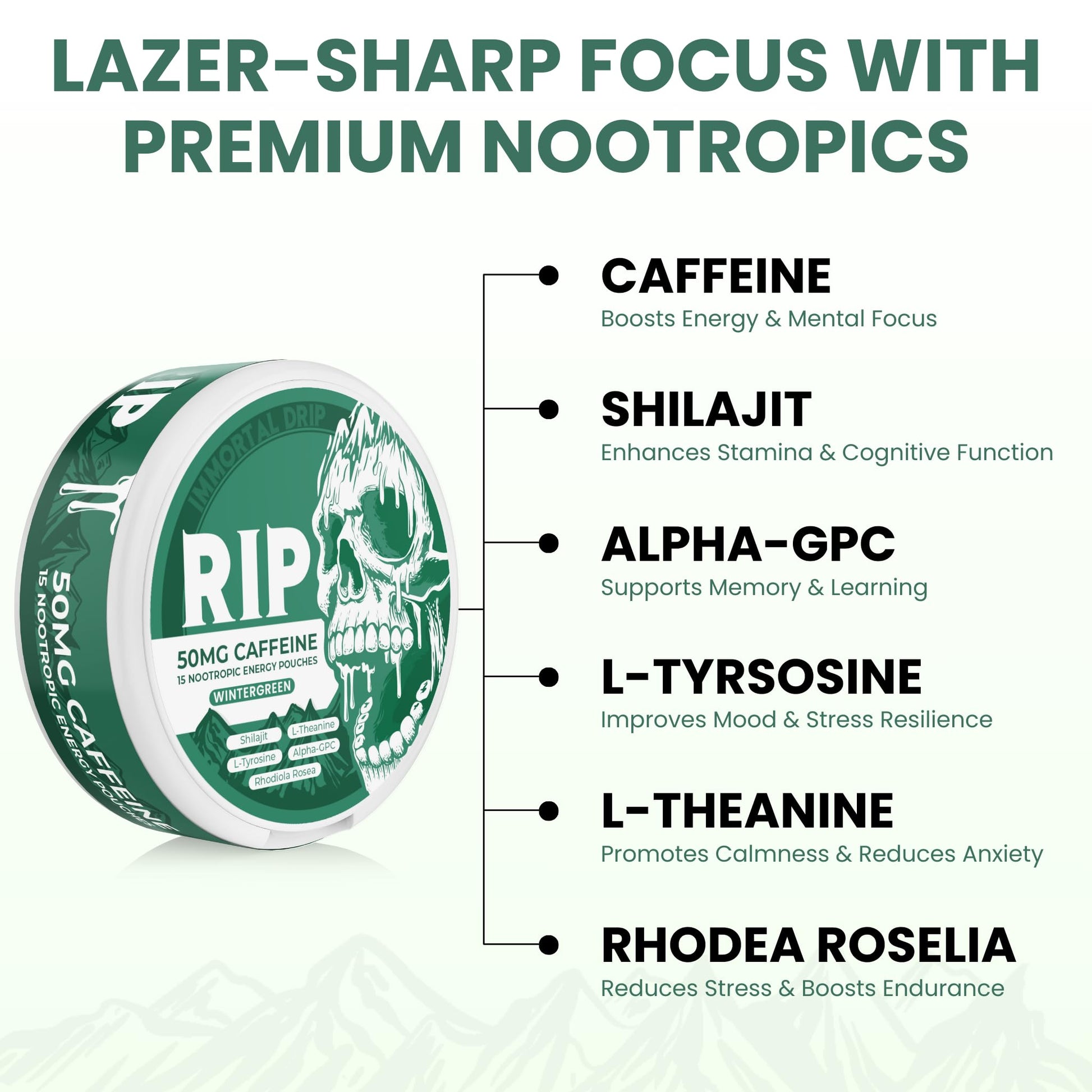 Immortal Drip RIP Nootropic Energy Pouches (Wintergreen) – 5 Cans – 15 Pouches per Can – Clean Energy & Focus Support – 50mg Caffeine, Shilajit, Alpha-GPC, L-Tyrosine, Rhodiola Immortal DripAu supplements