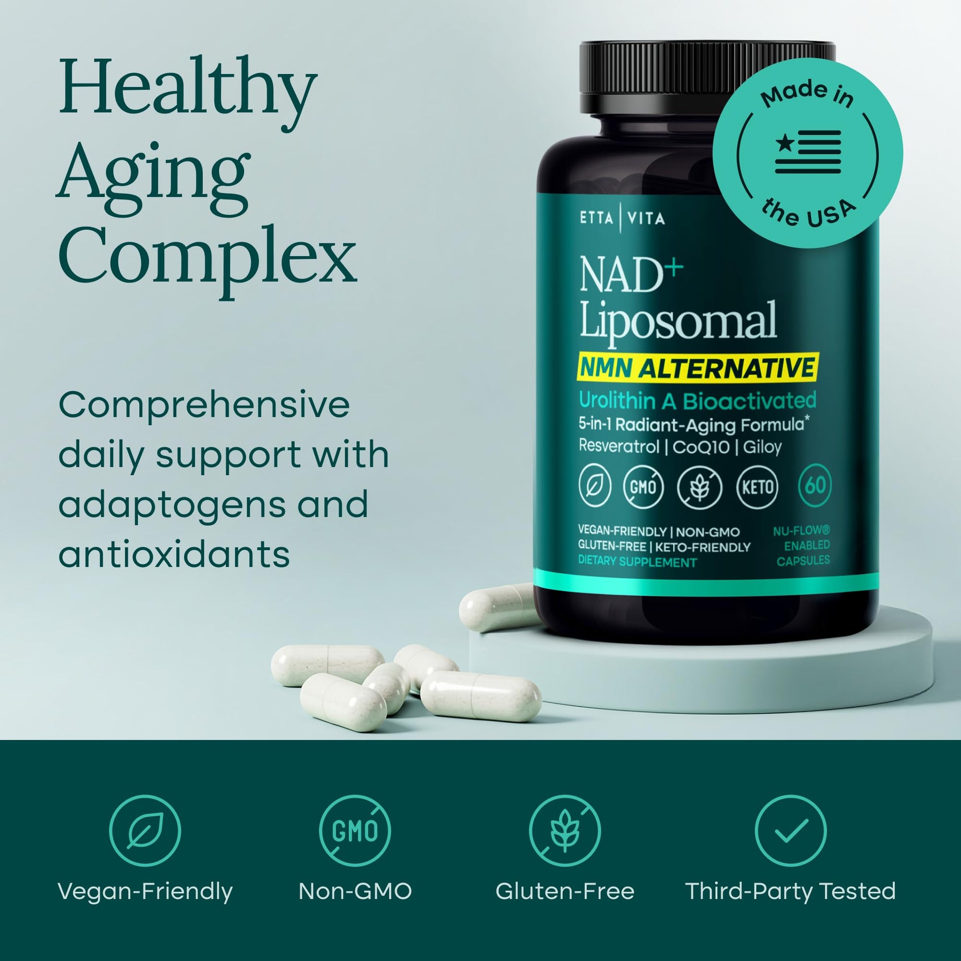 Liposomal NAD+ Supplement - Resveratrol, Urolithin A, CoQ10 & Muira Puama (Made in USA) NAD Supplement for Natural Energy, Brain Fog, Digestion, Detox, Gut Health, Microbiome, NR NMN Replacement Etta VitaAu supplements
