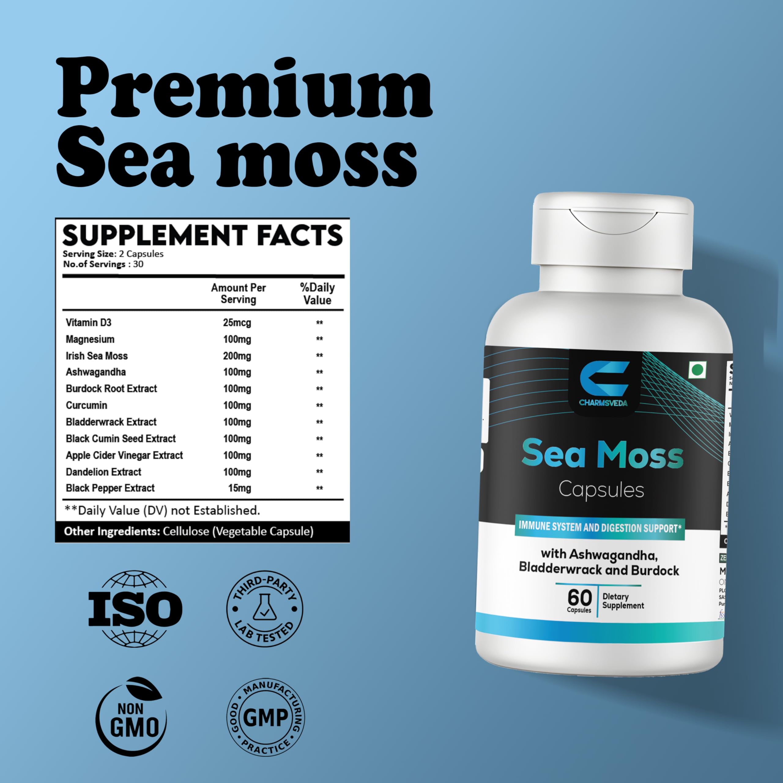 CHARMSVEDA Sea Moss Capsules with Ashwagandha, Bladderwrack & Burdock – Overall Wellness & Immune Support, Support Digestive & Gut Health* – 60 Vegan Capsules CHARMSVEDAAu supplements