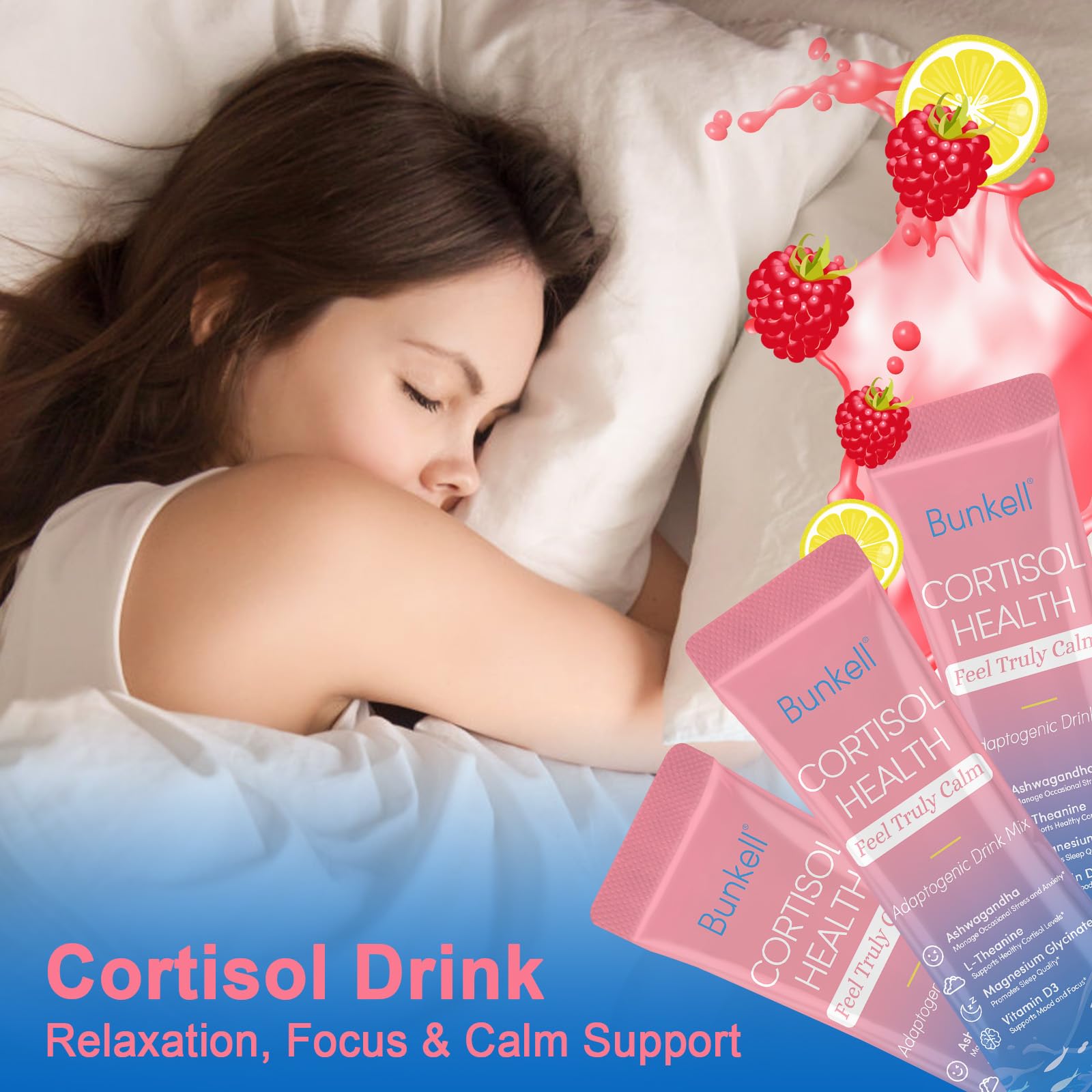 Bunkell Cortisol Powdered Drink Mix, Made with Magnesium Glycinate, L-Theanine, Ashwagandha & Vitamin D3, Cortisol Supplements for Relaxation, Focus & Calm Support, Raspberry Lemonade Flavor, 30 Ct BunkellAu supplements