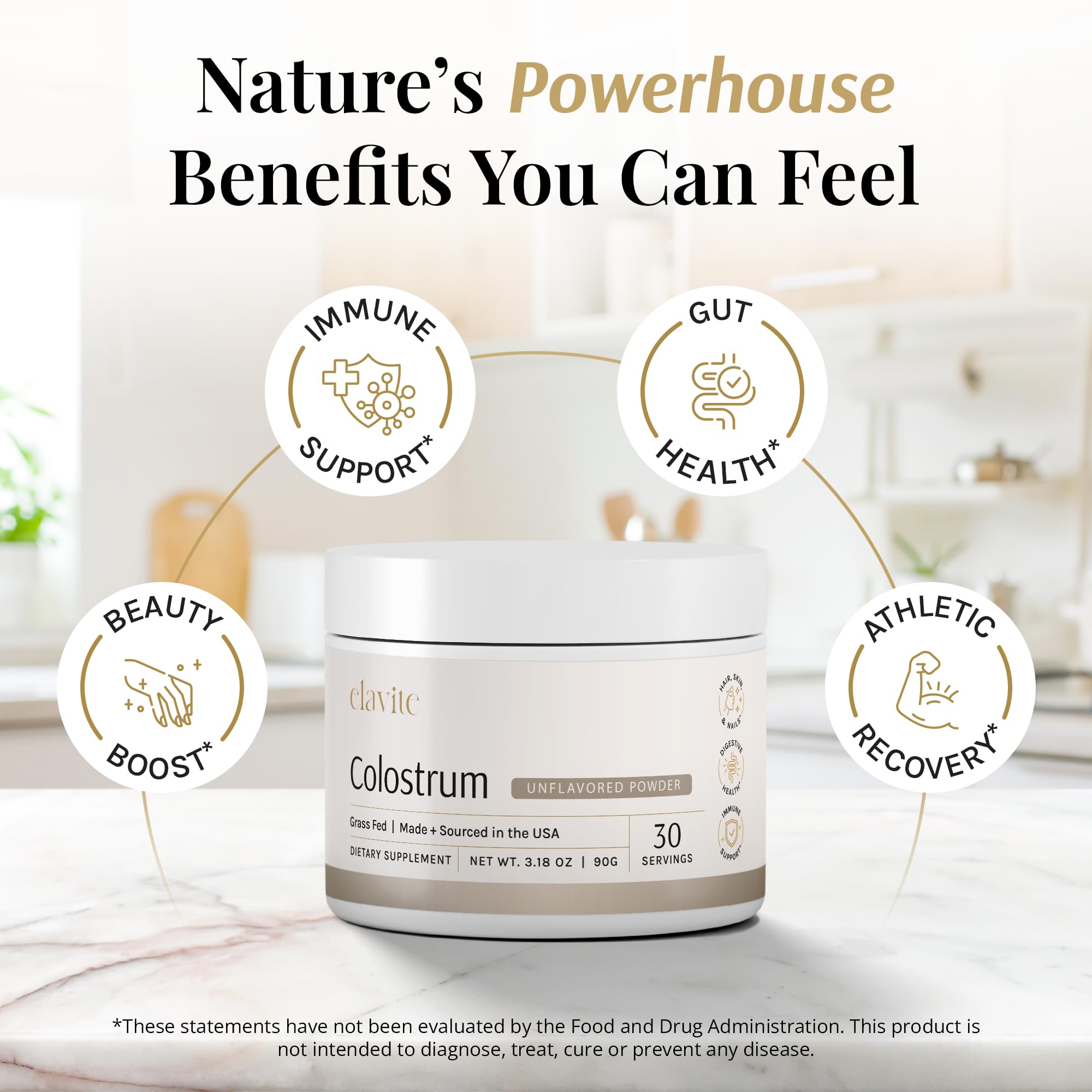 Elavite Bovine Colostrum Powder (Unflavored) Grass Fed Colostrum Supplement for Gut Health, Immune Support Healthy Hair, Skin & Nails - 30 Servings ElaviteAu supplements