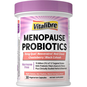 Vitalibre Menopause Probiotics for Women 70 Billion CFU, 12 Targeted Strains, Organic Prebiotics, Black Cohosh Resveratrol Red Clover Chasteberry Dong Quai, Hot Flash Night Sweat+, No Estrogen, 30 Ct VitalibreAu supplements