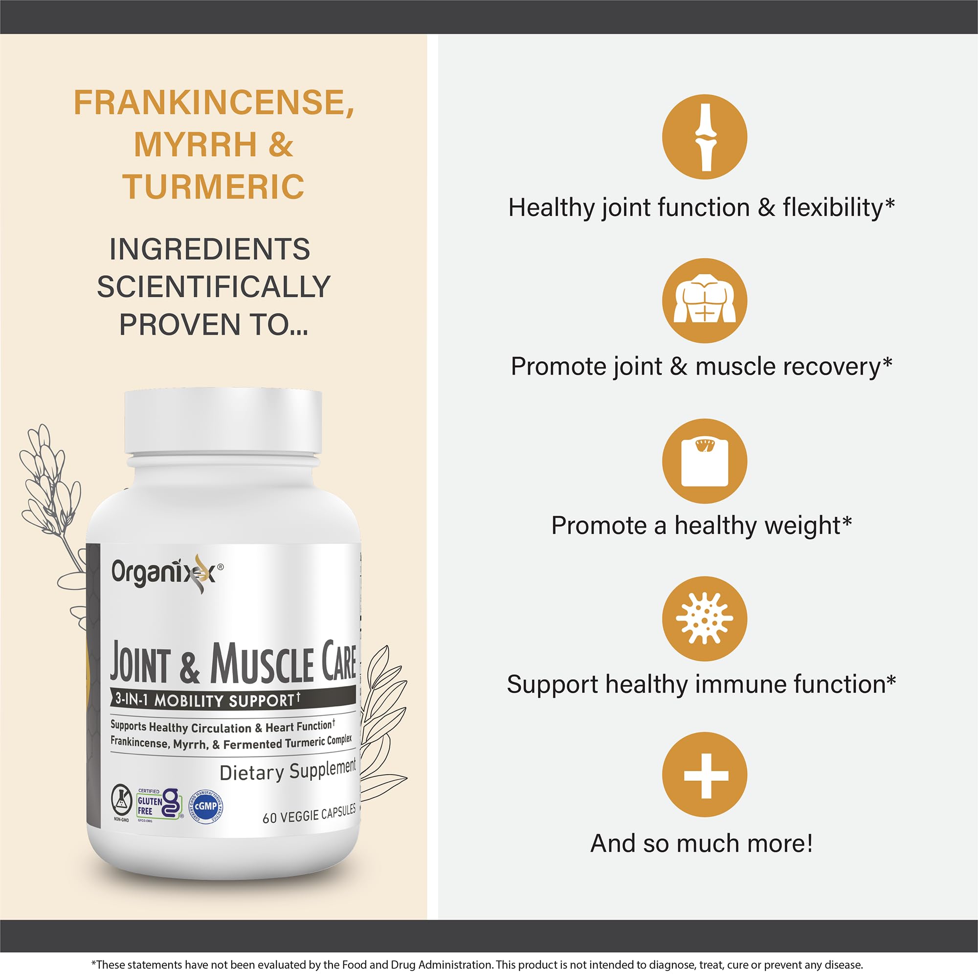 Organixx Joint & Muscle Care Organic Turmeric Supplement, 3-in-1 Frankincense, Turmeric and Myrrh Joint Health & Joint Support Supplement Body Care Capsules, Supports Swelling, Tension, 60 Capsules OrganixxAu supplements