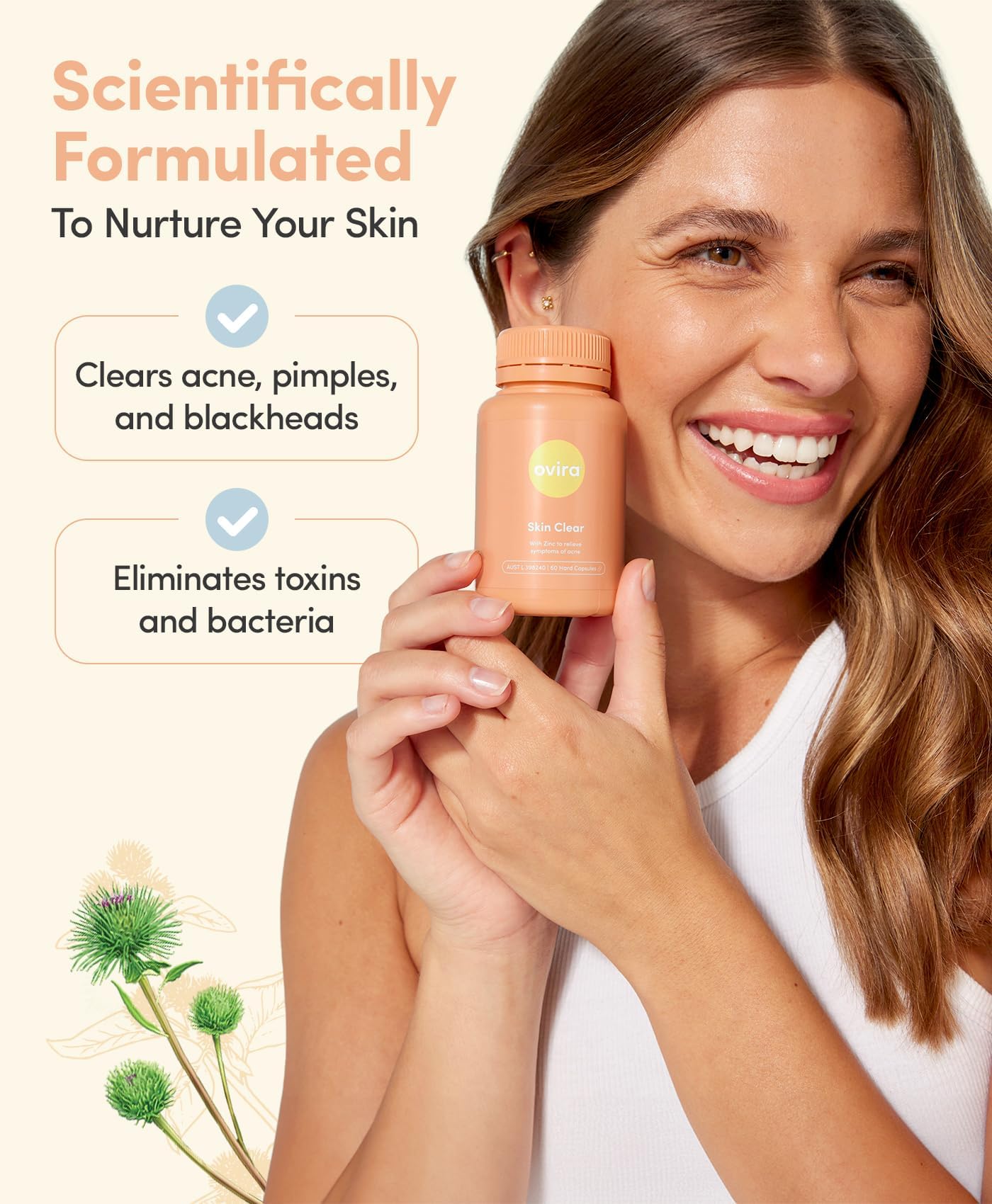 Ovira Skin Clear with ZINCBRIGHT - 60 Capsules for Clear and Glowing Skin | Rosacea & Hormonal Acne Treatment | Support Collagen Production | Acne Supplements for Women & Men - Pack of 2 OviraAu supplements