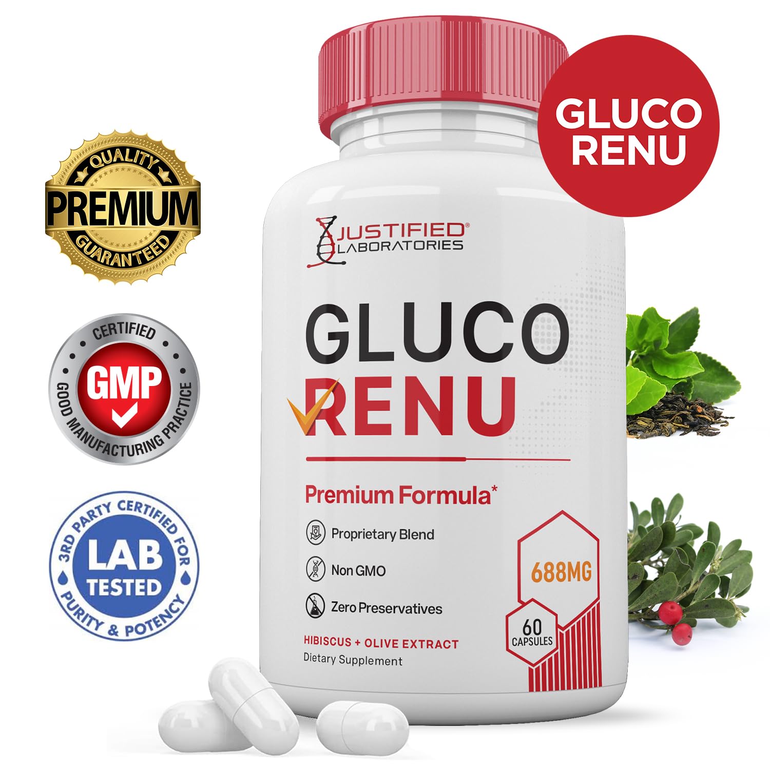 Gluco Renu 688MG Glyco Support Pills Premium Formula Gluo Renew Glycogen Support Formulated Hawthrone Hibiscus Garlic Junpier Powder Olive Forskolin Green Tea Extract 60 Capsules Justified LaboratoriesAu supplements