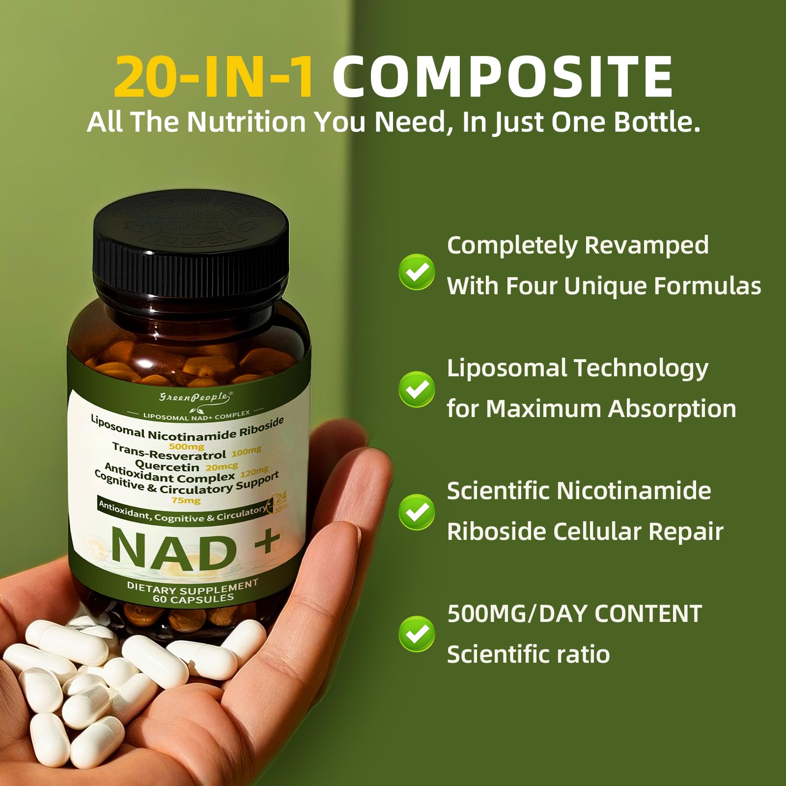 NAD+ Supplement for Women with Resveratrol , 20-in-1 NAD Plus Supplement with Liposomal Nicotinamide Riboside Boost NAD+ Levels for Cell Repair Energy, Antioxidant,Focus - 60 Vegan Capsules GREENPEOPLEAu supplements