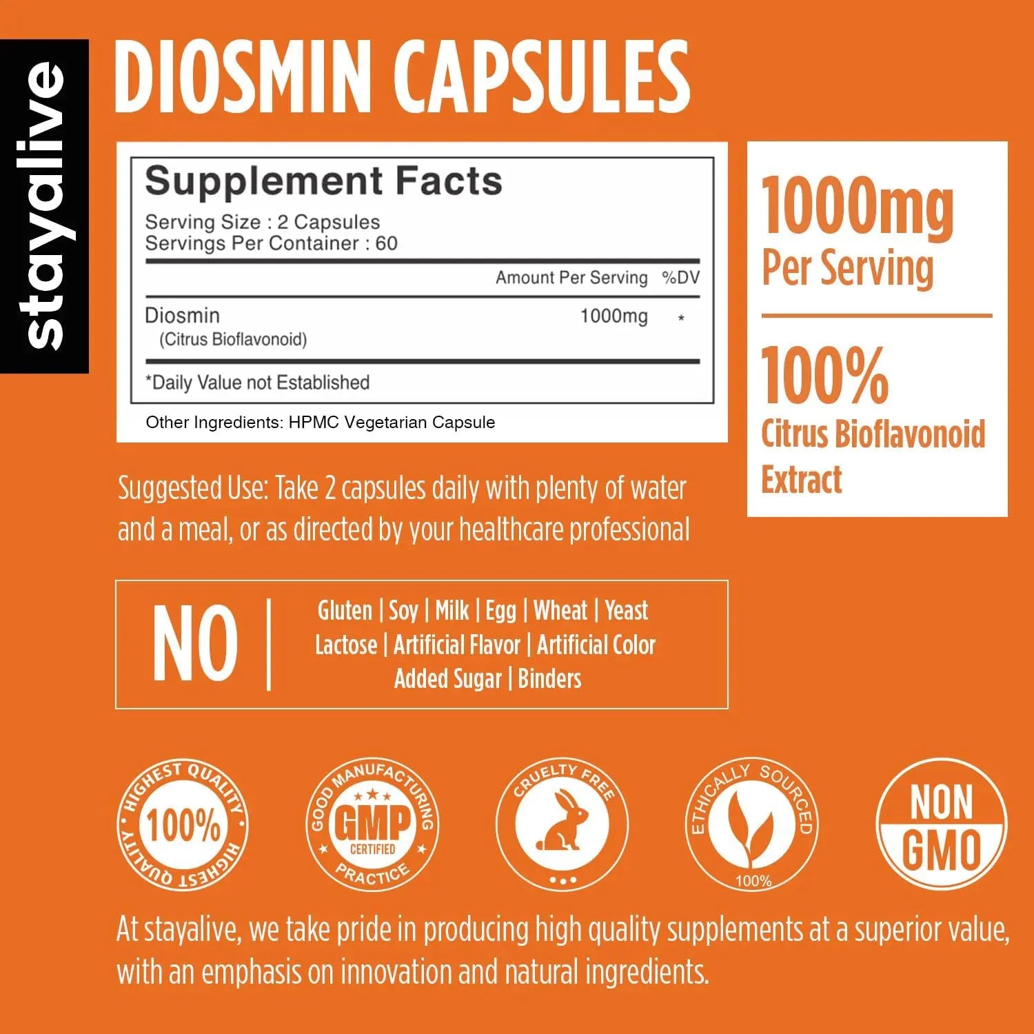 STAY ALIVE Pure Diosmin Complex 1000mg Formula, 120 Capsules, Citrus Bioflavonoids Rich Fruit Extract, 2 Month Supply, 100% Vegetarian, Non-GMO & Gluten Free Diosmin Supplement STAY ALIVEAu supplements