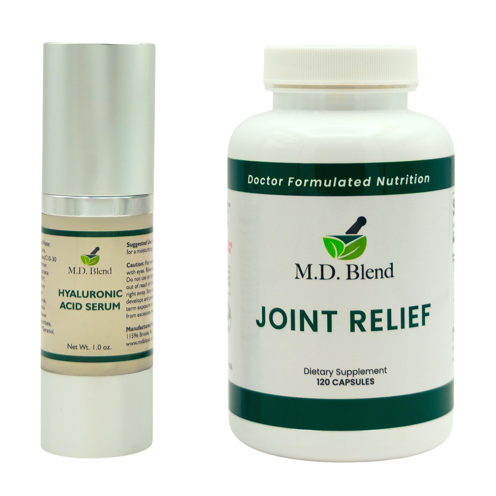 M.D. Blend Wellness Bundle with joint health supplement (120 capsules) & lightweight face hydrating hyaluronic acid serum (30 ml) featuring an airless pump, daily wellness skincare + joint support duo M.D. BlendAu supplements
