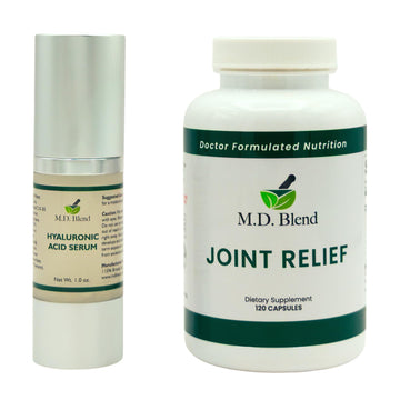 M.D. Blend Wellness Bundle with joint health supplement (120 capsules) & lightweight face hydrating hyaluronic acid serum (30 ml) featuring an airless pump, daily wellness skincare + joint support duo M.D. BlendAu supplements