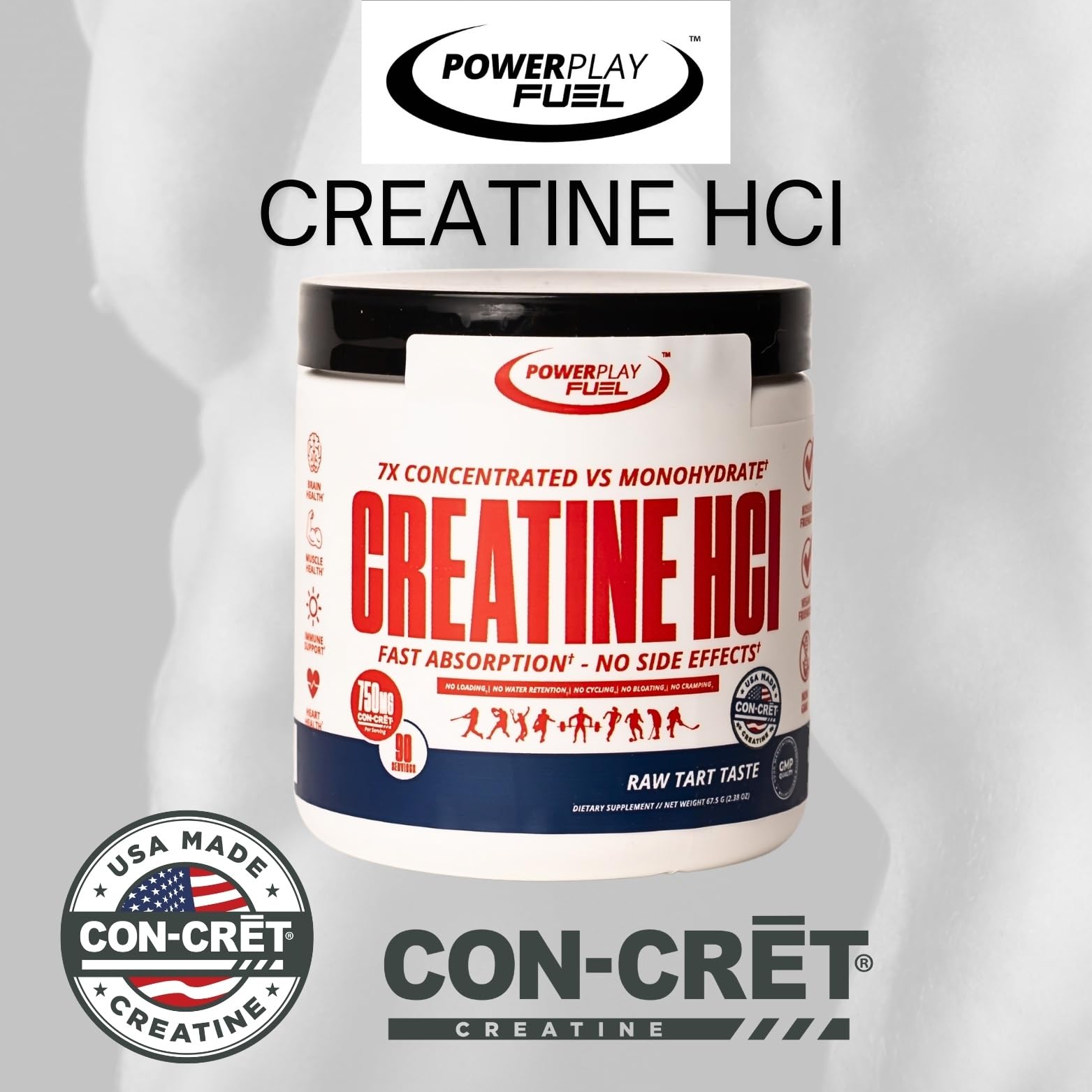 CREATINE HCl Powder for Men and Women, Muscle Strength, Brain Performance, Heart Health & Immune Support - Raw Tart Taste, 90 Servings POWER PLAY FUELAu supplements