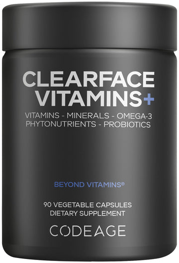 Codeage Clearface Pantothenic Acid, Niacin Supplement, Vitamins A, C, D3, E, Probiotics, Zinc, Riboflavin, Thiamin, L-Lysine HCL & Omega-3, Niacinamide, Skin Botanical Blend - Non-GMO - 90 Capsules CodeageAu supplements