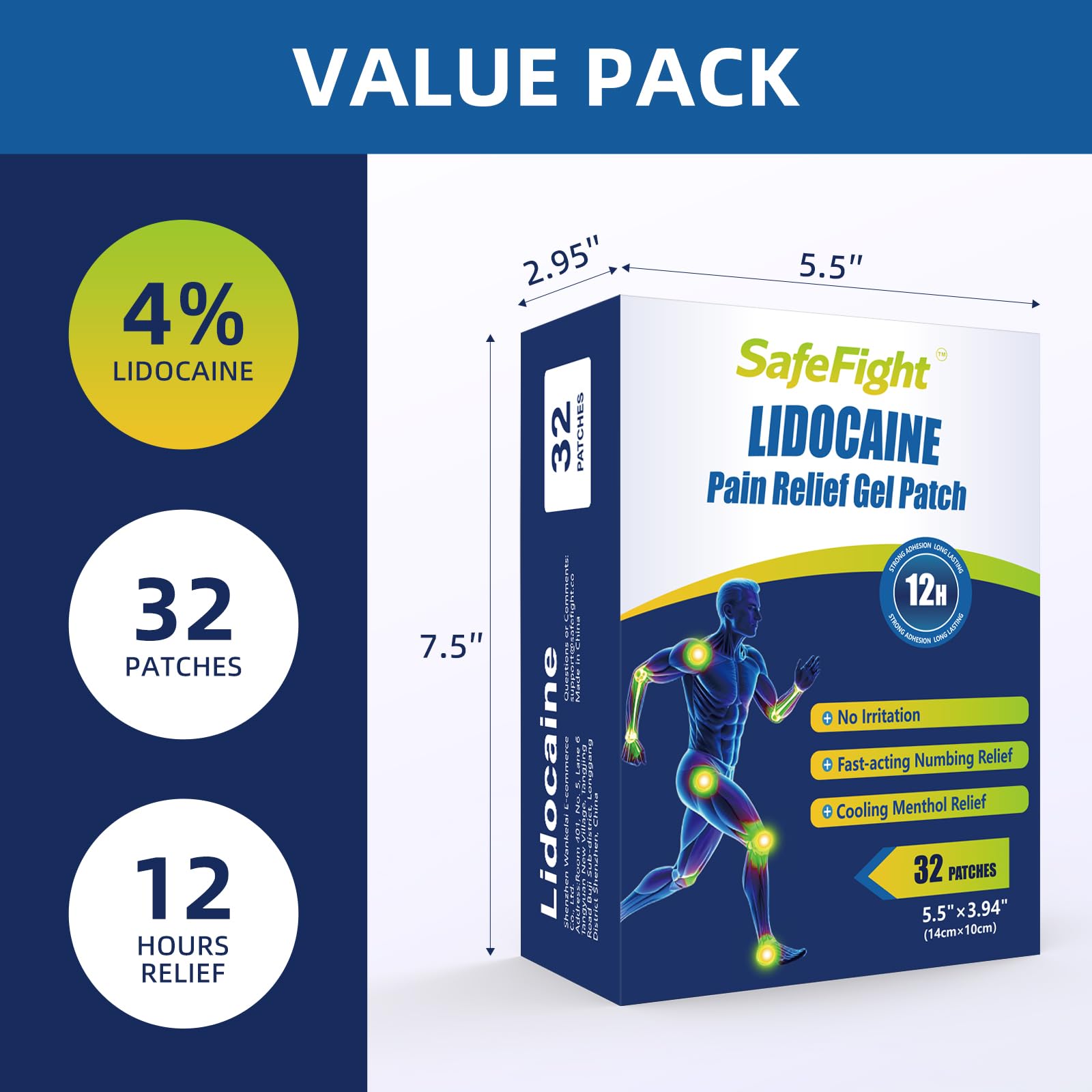 SafeFight 4% Lidocaine Pain Relief Patches 32 Count - Maximum Strength Relief for Back, Neck, Shoulder, Joint & Muscle Pain, Add Menthol, 12 Hour Long Lasting Relief Pains SafeFightAu supplements