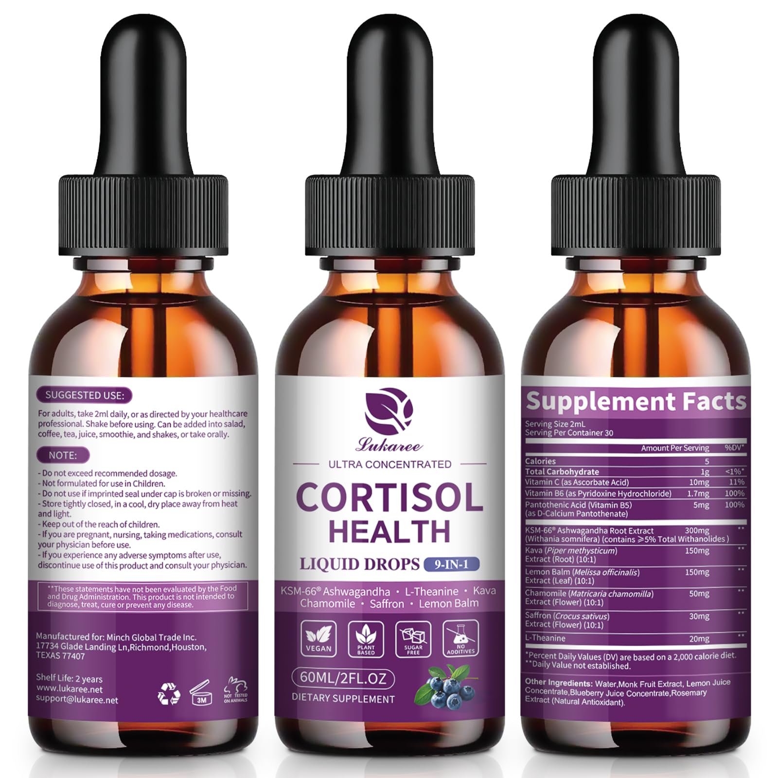 Cortisol Supplements for Women, Cortisol Reducer Manager Detox with KSM-66® Ashwagandha, Kava, Lemon Balm & Vitamin C B5 B6, Lower Cortisol, Hormone Harmony Liquid Drops, 2 FL.OZ, Blueberry Flavor LukareeAu supplements