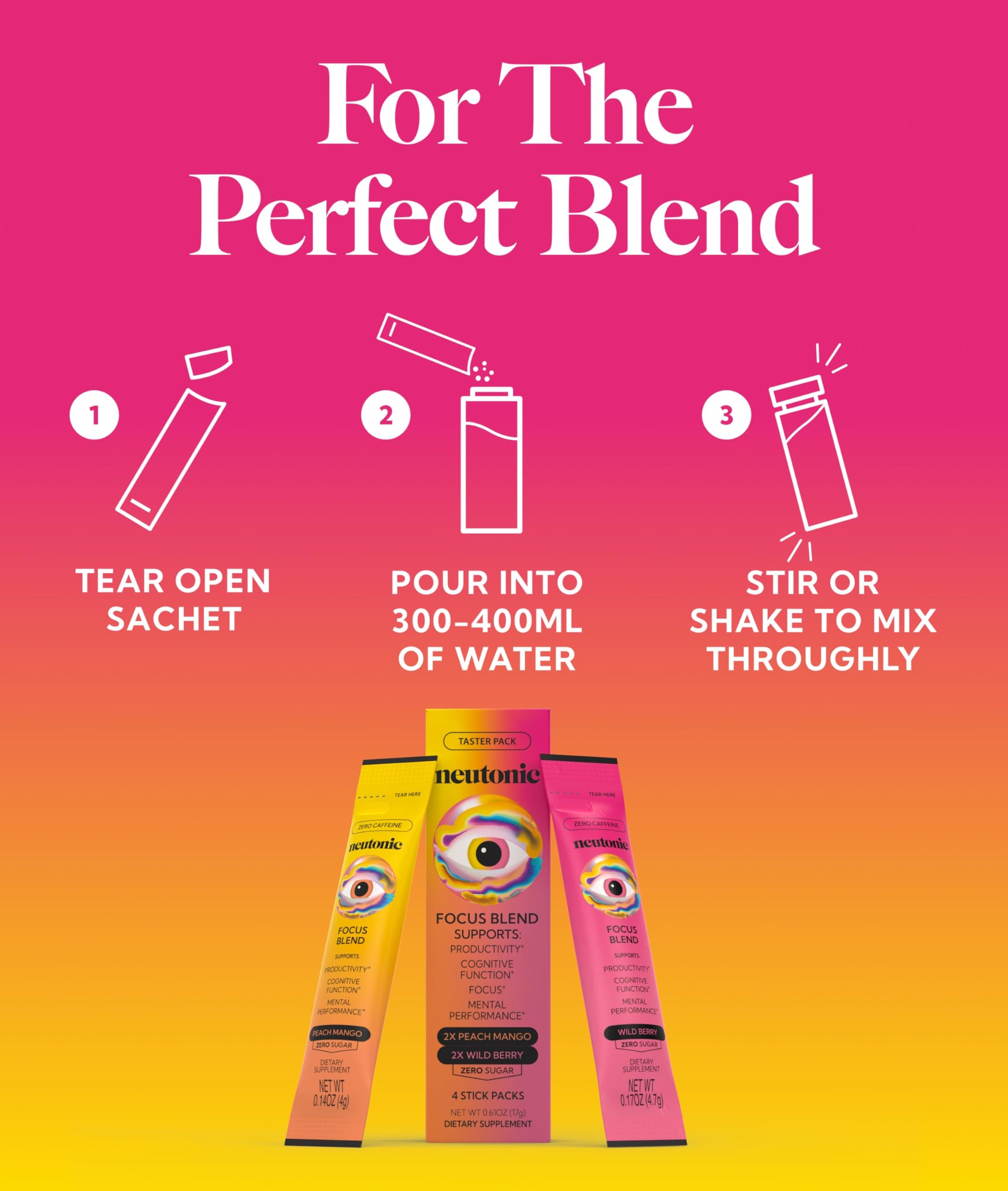 Neutonic Nootropic Focus Blend Powder | Peach Mango & Wild Berry 4 Sticks | Caffeine Free, Zero Sugar | Support Memory, Mental Clarity, Cognitive Function | Boost Focus, Energy, Brain Health NeutonicAu supplements
