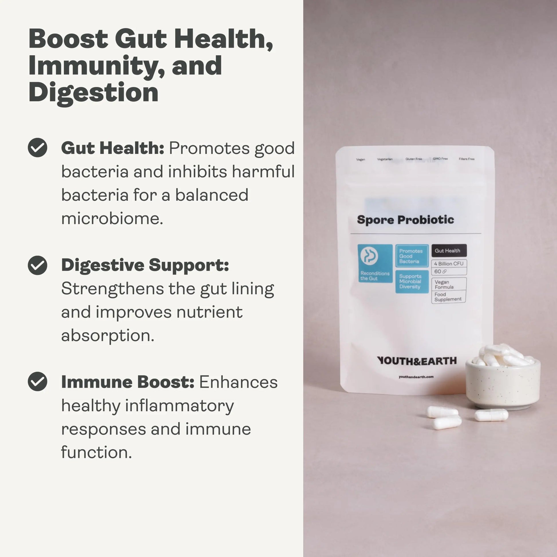 Youth & Earth Spore Probiotics 4 Billion CFU Count - Probiotics for Gut Health & Immune Support | Gut Health Supplements for Digestive Health | 60 Capsules Youth & Earthnz supplements