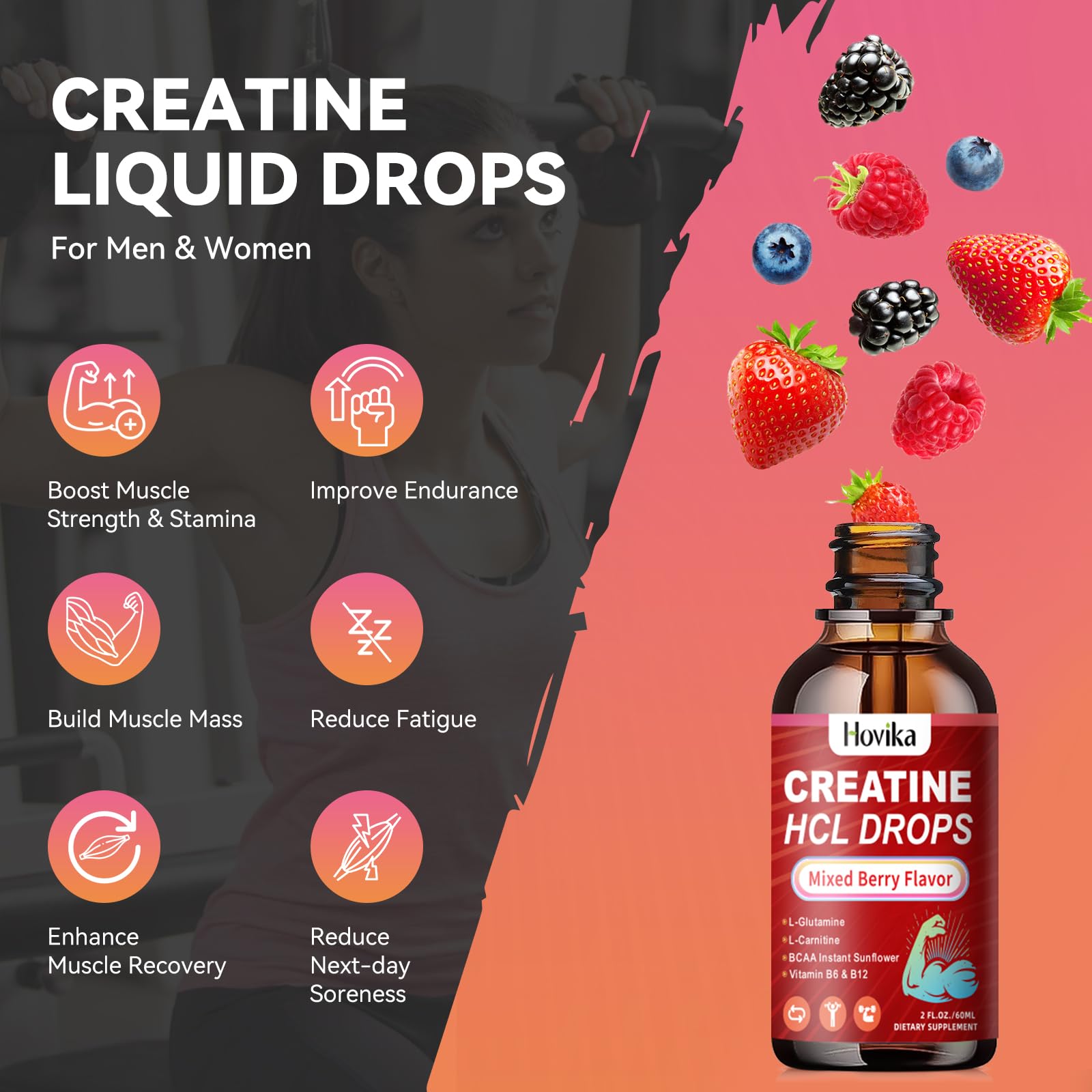 Creatine HCL Liquid Drops for Men & Women, Creatine Hydrochloride with L-Carnitine, L-Glutamine, BCAA, Vitamin B12 & B6 for Muscle Growth & Recovery-Vegan, Mixed Berry Flavor Flavor, 2 Fl Oz HovikaAu supplements