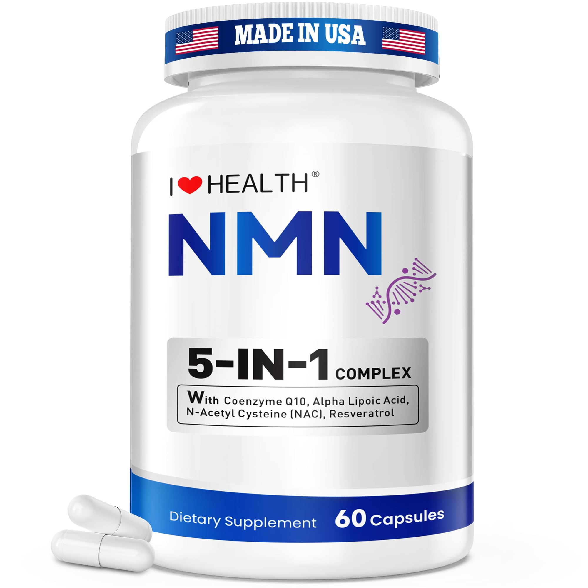 I LOVE HEALTH NMN Supplement, 5-in-1 Complex with NAC, Alpha Lipoic Acid, CoQ10 & Resveratrol - High Absorption Anti Aging Formula - Third Party Tested, cGMP, Gluten Free - 60 Capsules I LOVE HEALTHAu supplements