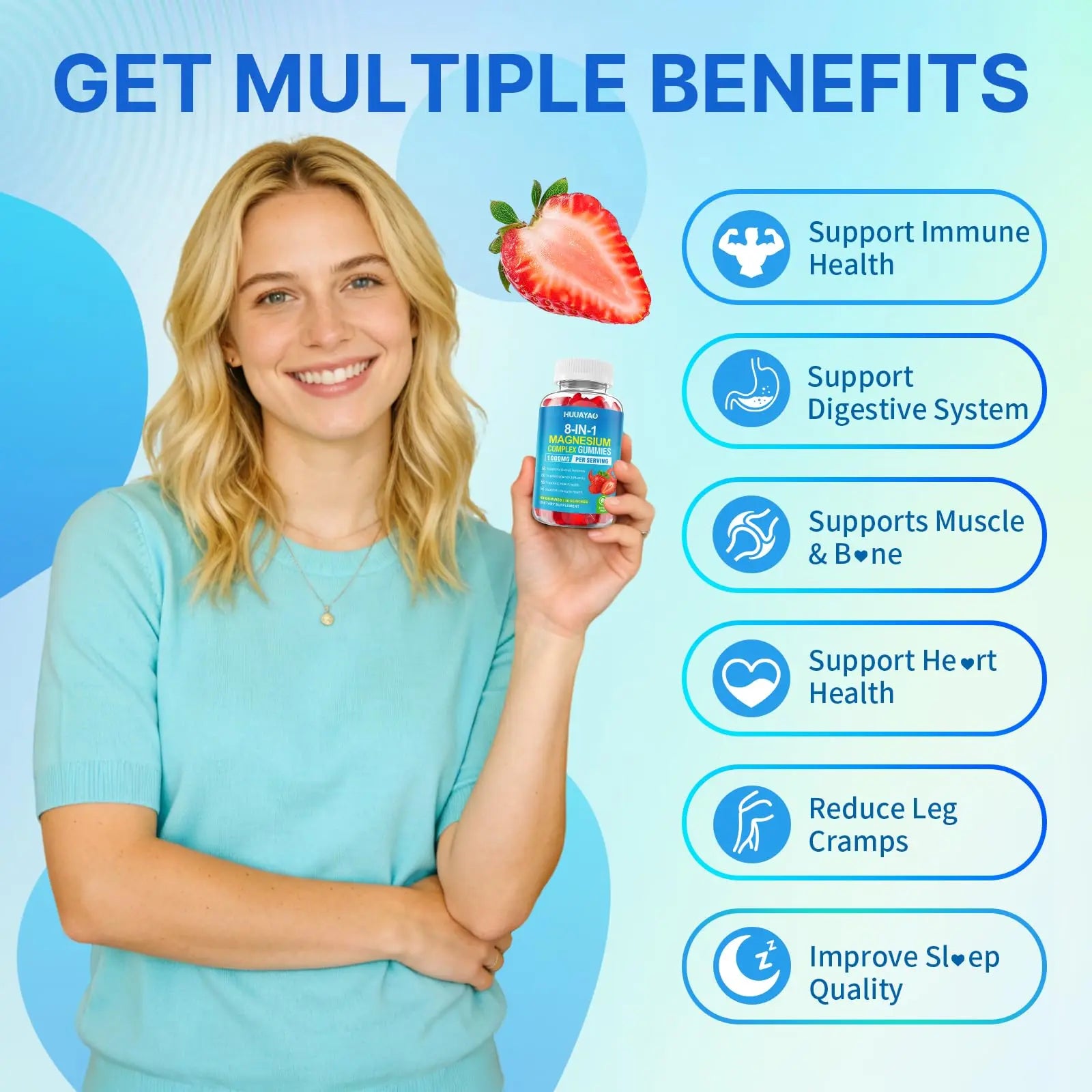 Magnesium Complex Gummies for Women Men 8 in 1, Magnesium Glycinate, Citrate, Malate, Taurate, Supports Bones, Muscle, Nerve Health, Sugar-Free, Vegan Non-GMO, Strawberry Flavor, 120 Count HUUAYAOnz supplements