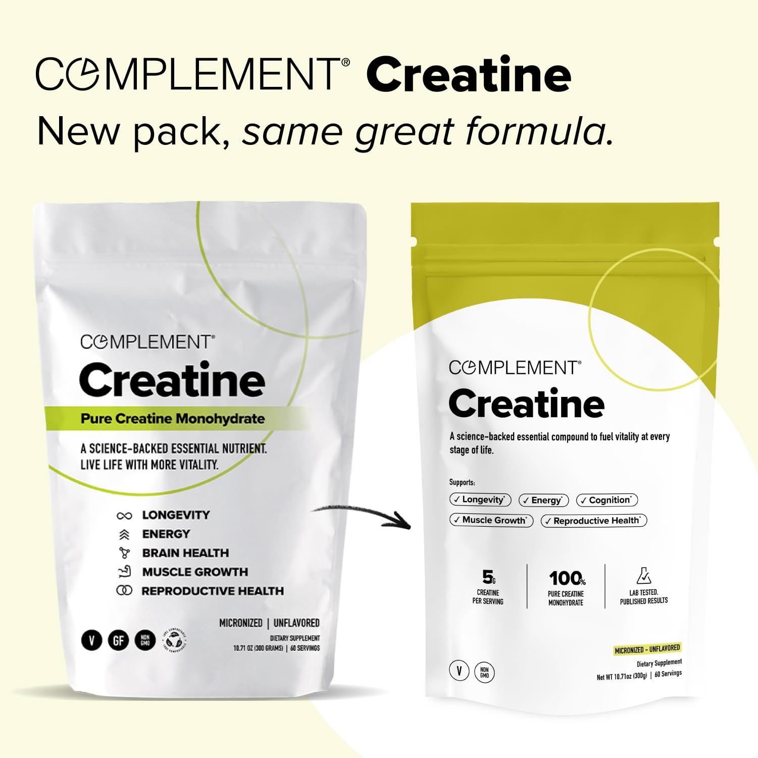 Complement Creatine Monohydrate Micronized Powder for Women and Men (5g, 60 Servings) Pre Workout, Post Workout, Muscle Recovery, Brain Health, Longevity- Vegan, Unflavored ComplementAu supplements