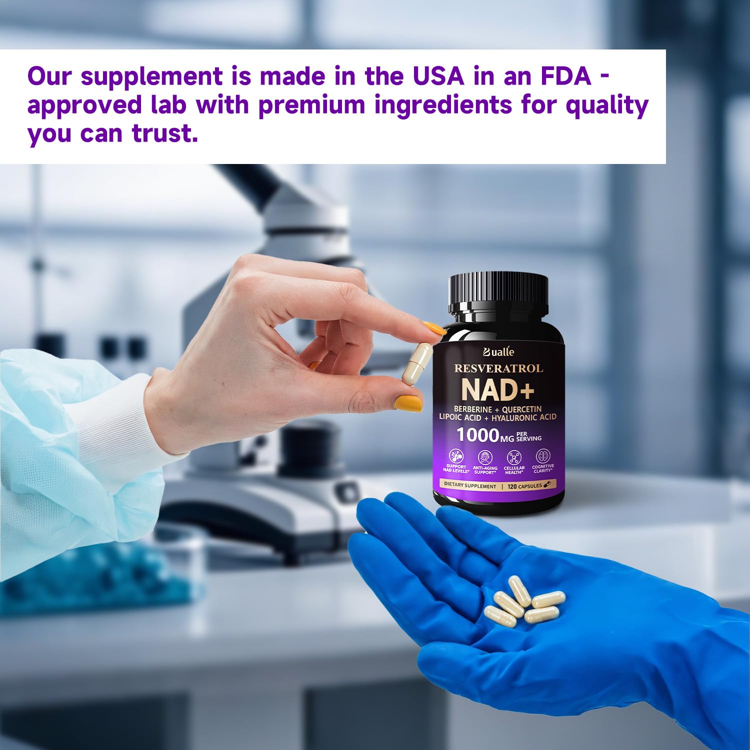 Bualle NAD Supplement, Liposomal NAD Resveratrol Supplement Contains Berberine, Alpha Lipoic Acid,Hyaluronic Acid & Quercetin - Joint Function& Support Anti-Aging,NMN Alternative -120 Capsules BualleAu supplements