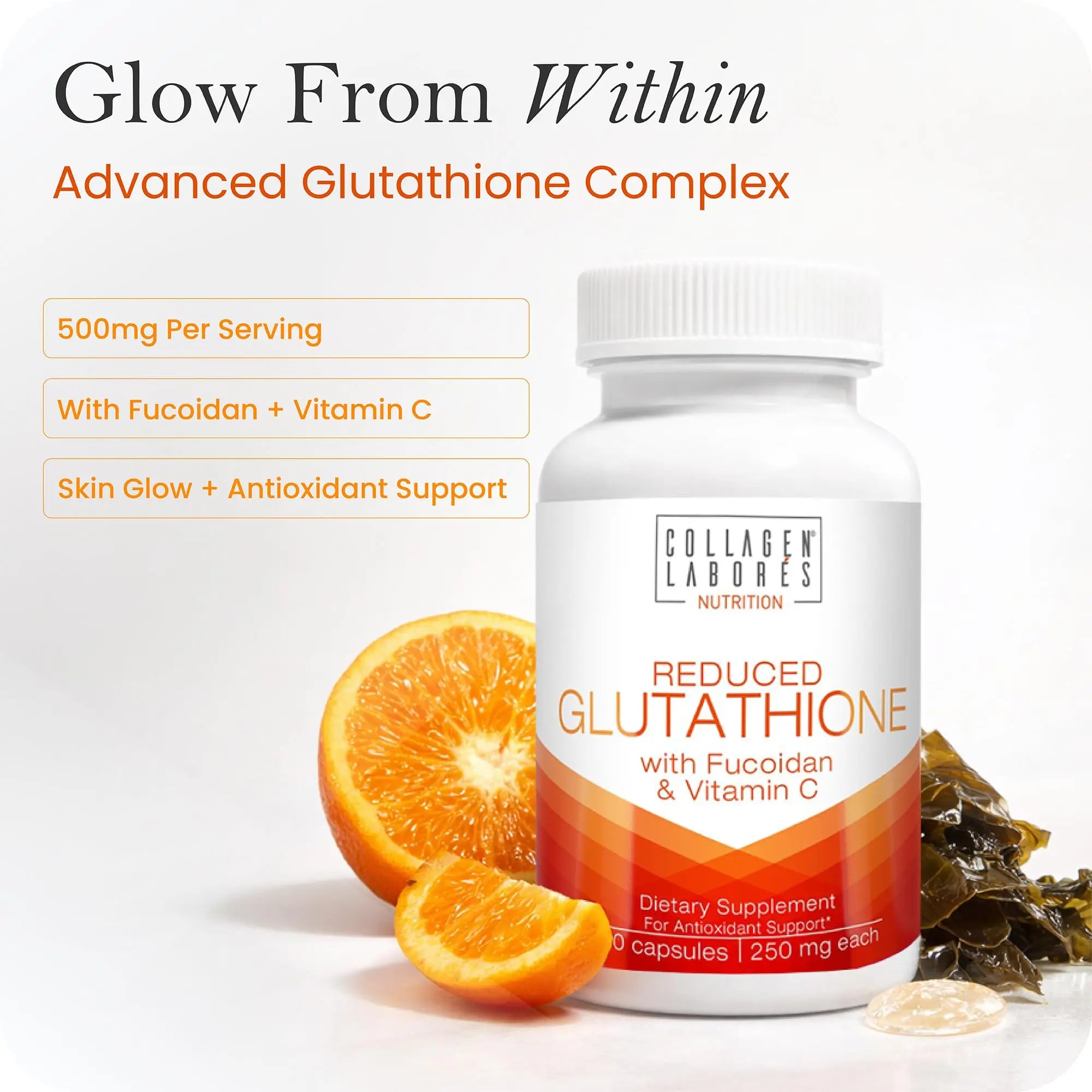 Advanced Glutathione Complex 500mg – with Fucoidan & Vitamin C – Antioxidant Support for Skin Glow, Detox & Immune Health – Non-GMO, Made in USA (60 Capsules) Collagen Laborésnz supplements