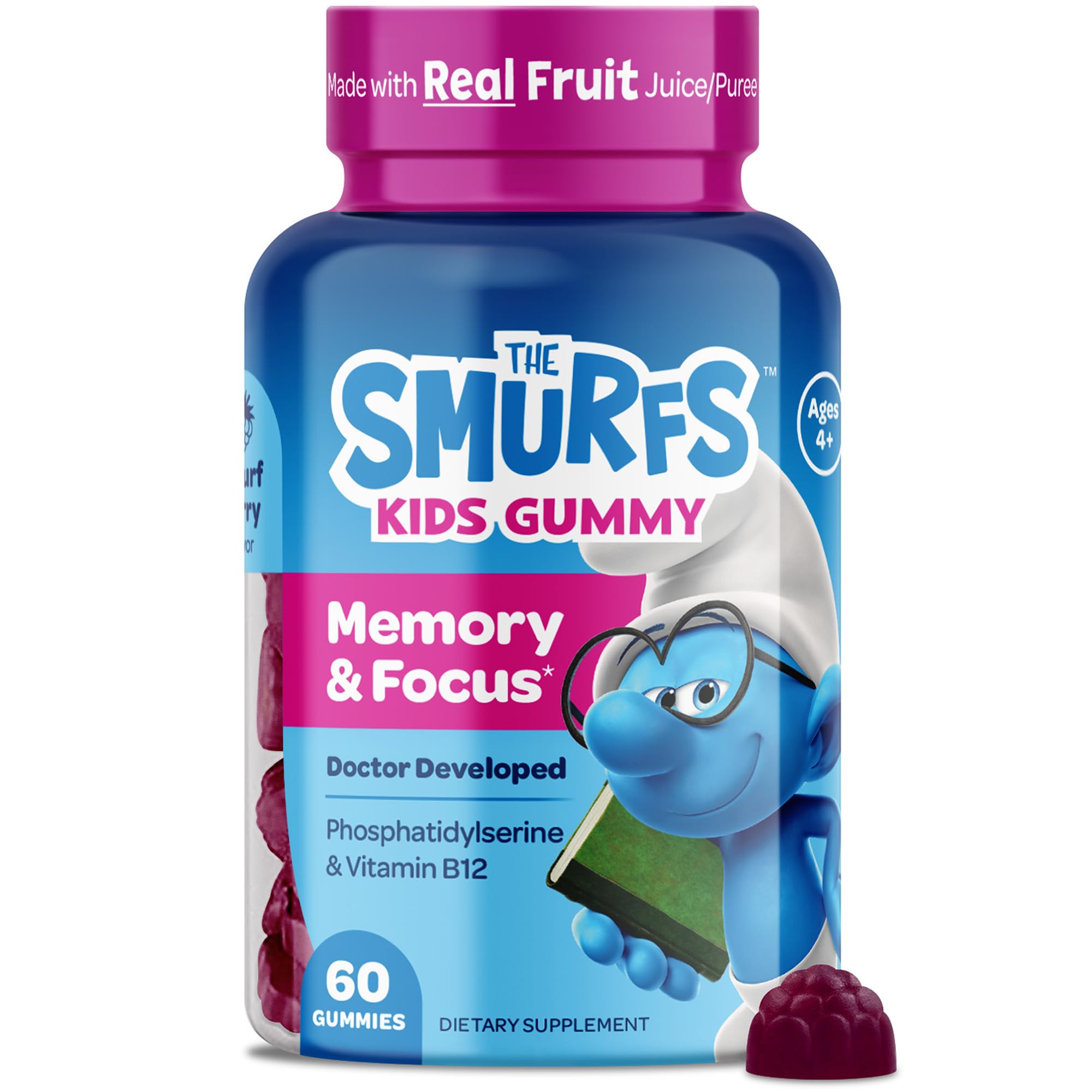 The Smurfs Nootropic Gummies for Kids with Vitamin B12 & L-Theanine | Laser Focus Gummy for Focus and Memory Supplements | Made with Real Fruit in a Smurf Berry | Doctor Developed | 60 Vegan Gummies VITABURSTAu supplements