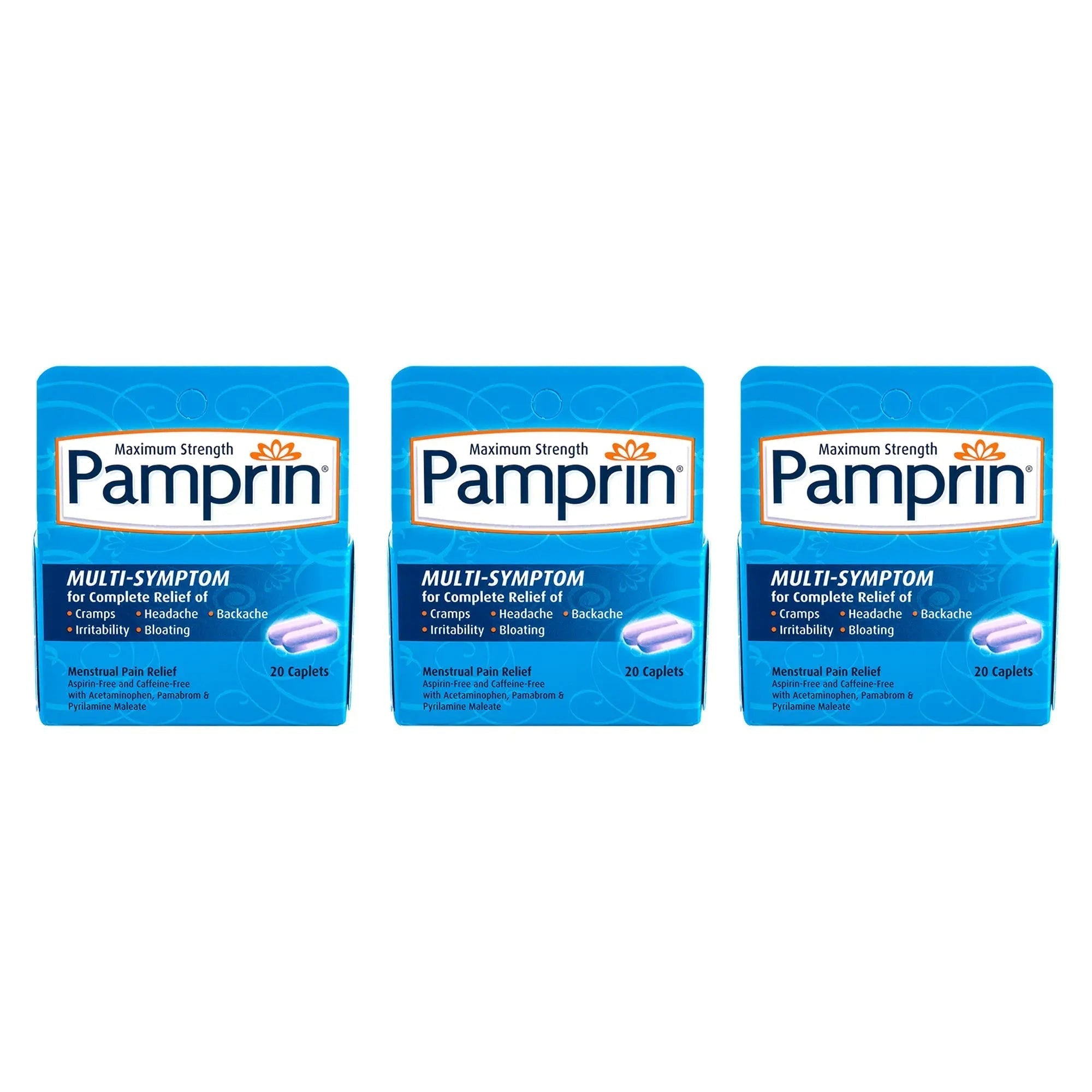 Pamprin Multi-Symptom Formula, with Acetaminophen, Menstrual Period Symptoms Relief, 20 Caplets (Pack of 3) PamprinAu supplements