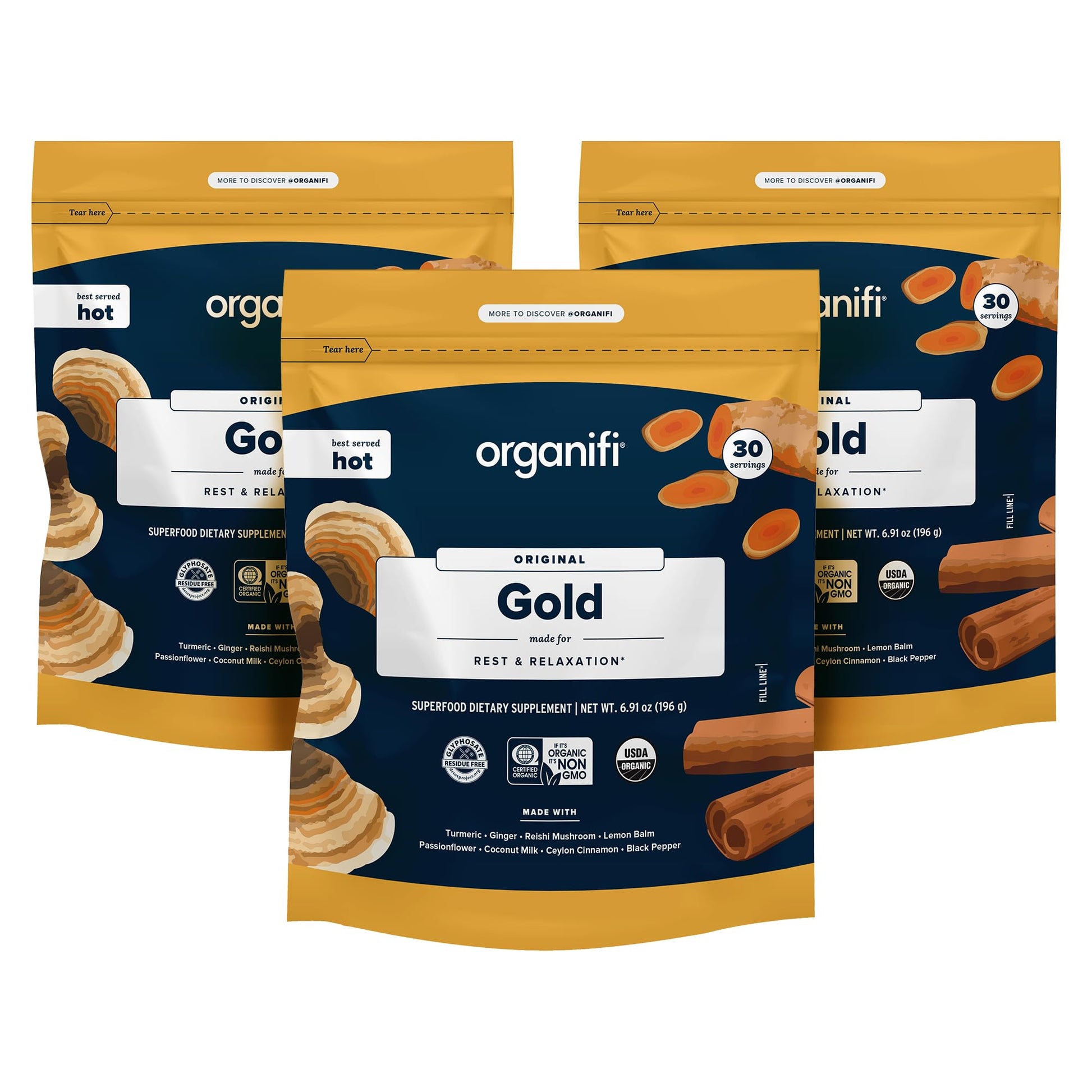 Organifi: Gold - Superfood Supplement Powder- 90 Servings (3 Pack) - Stress Support OrganifiUS supplements