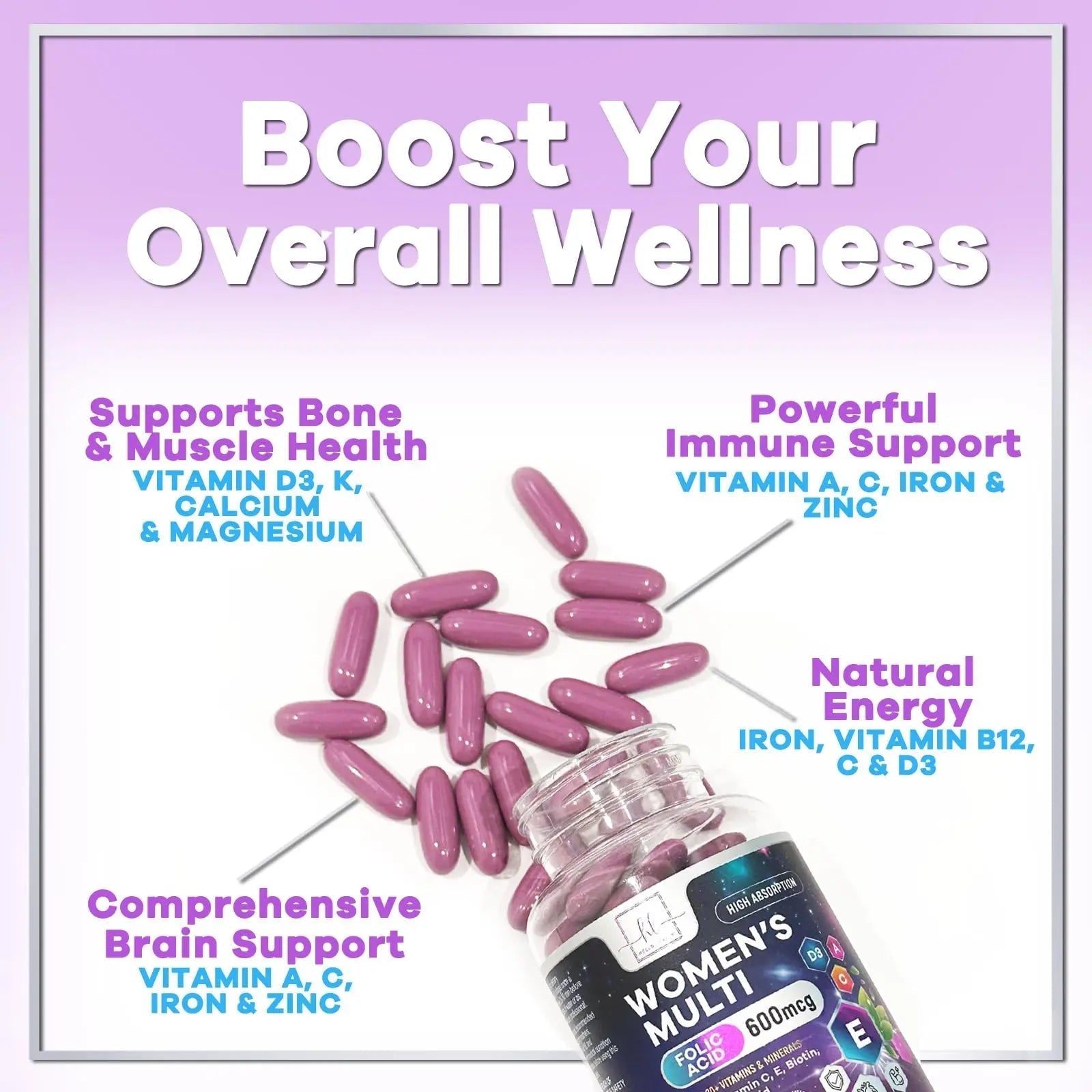 Multivitamin For Women - Complete Daily Woman's Multivitamins with Biotin, Calcium, Folic Acid, Iron, Zinc, Vitamin A, C, D, E & B Vitamins Hello Lovely!Au supplements