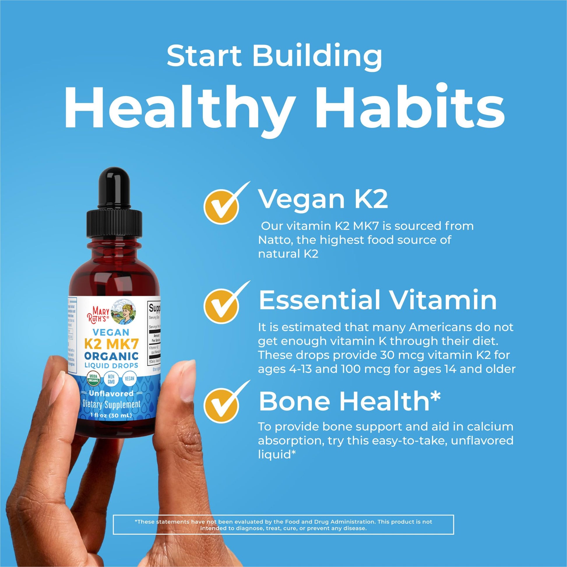 MaryRuth’s USDA Organic Vitamin K2 MK7 Liquid Drops for Adults & Kids | Sourced from Natto | Menaquinone- 7 | Vegan K2 Vitamin for Bone Health & Calcium Absorption | 1oz | Up to 90 Servings MARYRUTH'SUS supplements