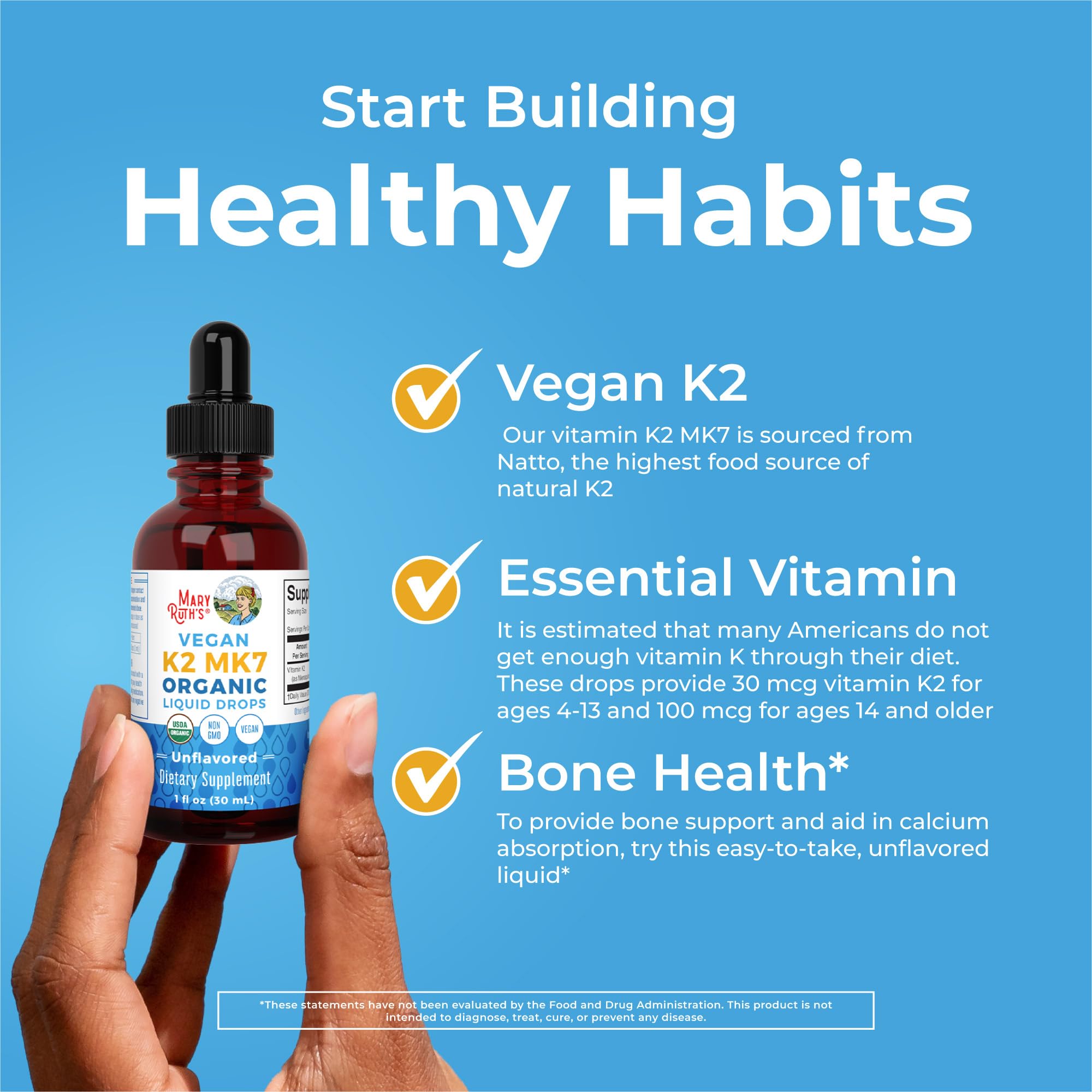 MaryRuth’s USDA Organic Vitamin K2 MK7 Liquid Drops for Adults & Kids | Sourced from Natto | Menaquinone- 7 | Vegan K2 Vitamin for Bone Health & Calcium Absorption | 1oz | Up to 90 Servings MARYRUTH'SUS supplements