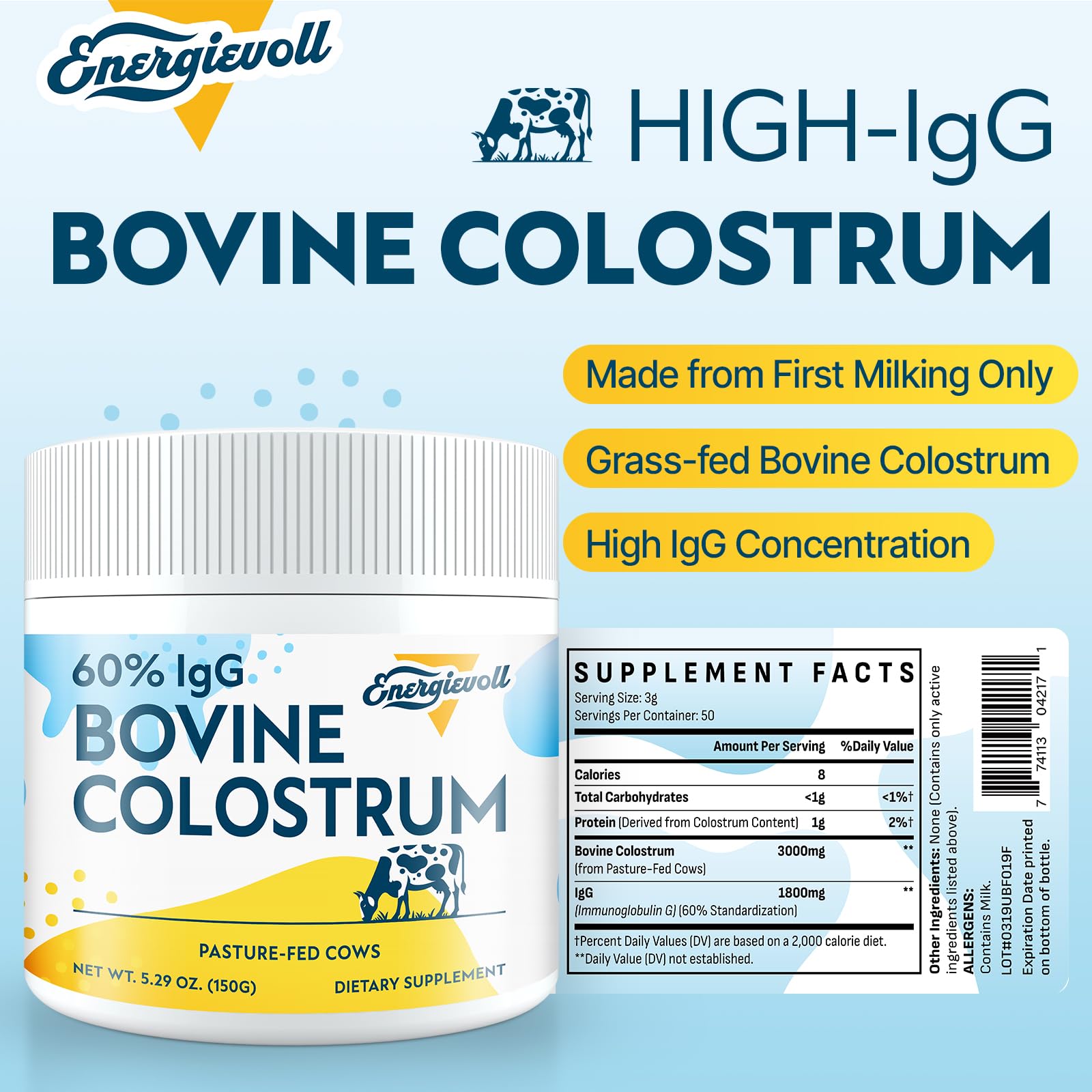Energievoll Bovine Colostrum Supplement Powder - 60% IgG 3000 mg for Gut, Hair Growth, Beauty, and Immune, Easy to Mix, Unflavored (50 Servings) EnergievollAu supplements