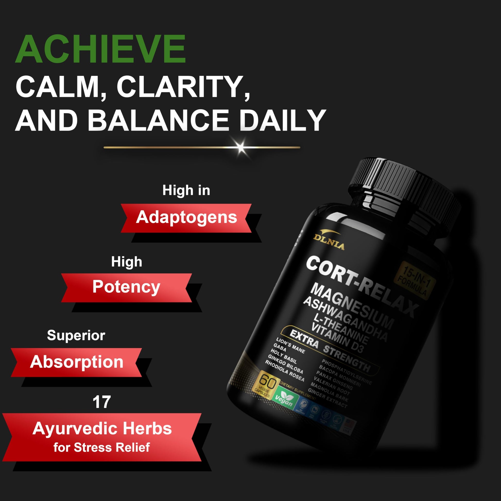 DLNIA Super Calm Cortisol Supplement with Magnesium Glycinate, Ashwagandha KSM-66, L-Theanine, Phosphatidylserine, Ginkgo Biloba & Lions Mane for Calm, Focus, Mental Clarity, Relaxation, Sleep, Energy DLNIAAu supplements