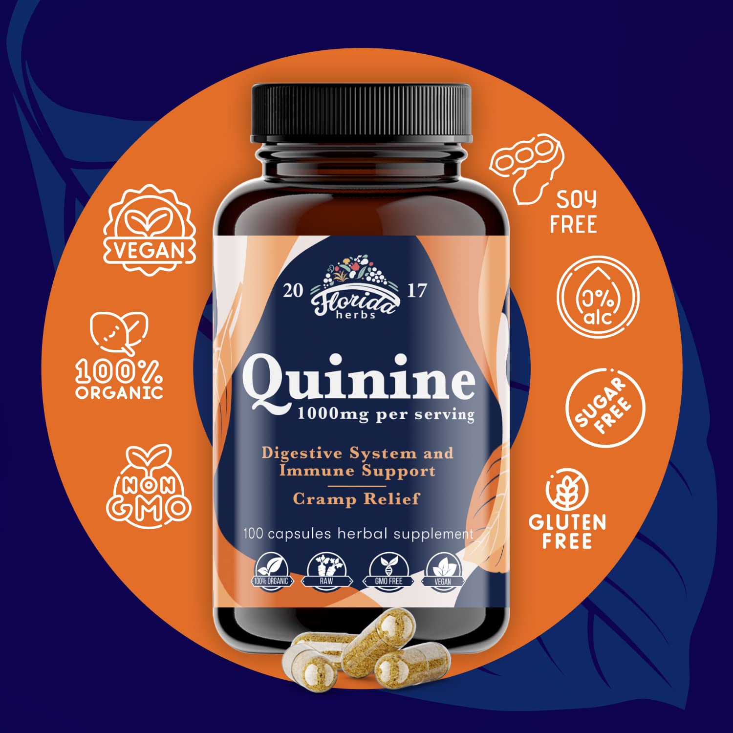 Leg Cramps Support Organic Pills - 1000 mg - Quinine Tablets for Cramp Defense FLORIDA HERBSUS supplements