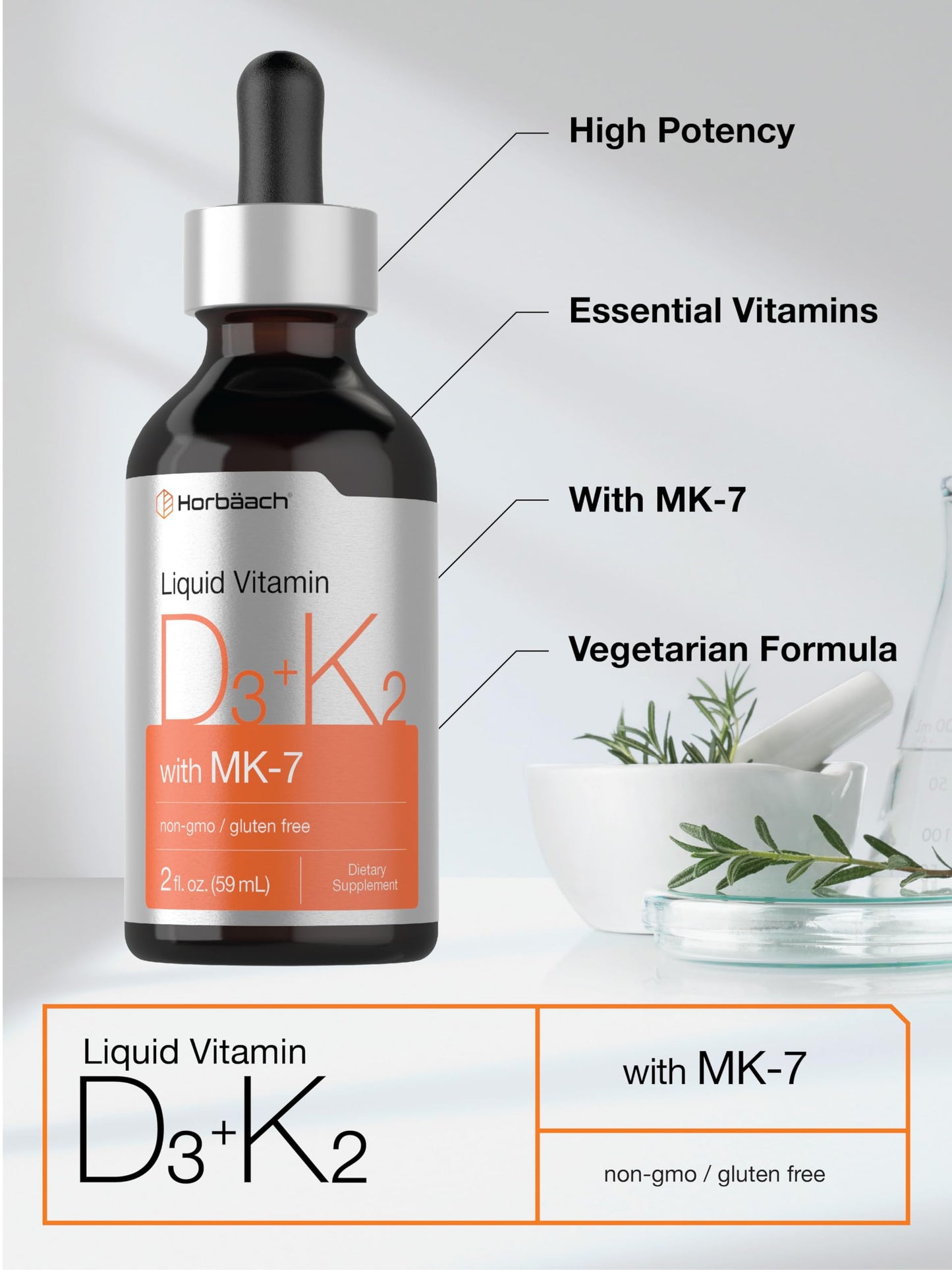 Horbäach Vitamin D3 + K2 Liquid Drops | with MK7 | 2 Fl Oz | Vegetarian | Non-GMO HorbäachUS supplements