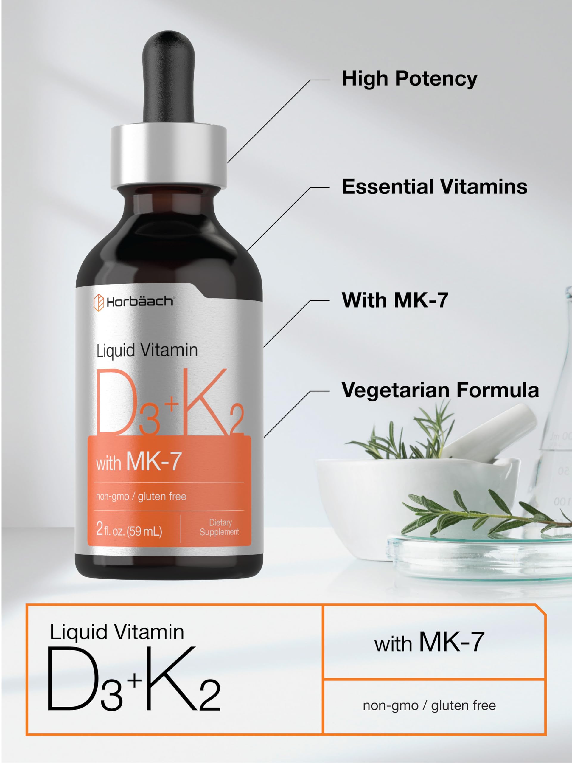 Horbäach Vitamin D3 + K2 Liquid Drops | with MK7 | 2 Fl Oz | Vegetarian | Non-GMO HorbäachUS supplements
