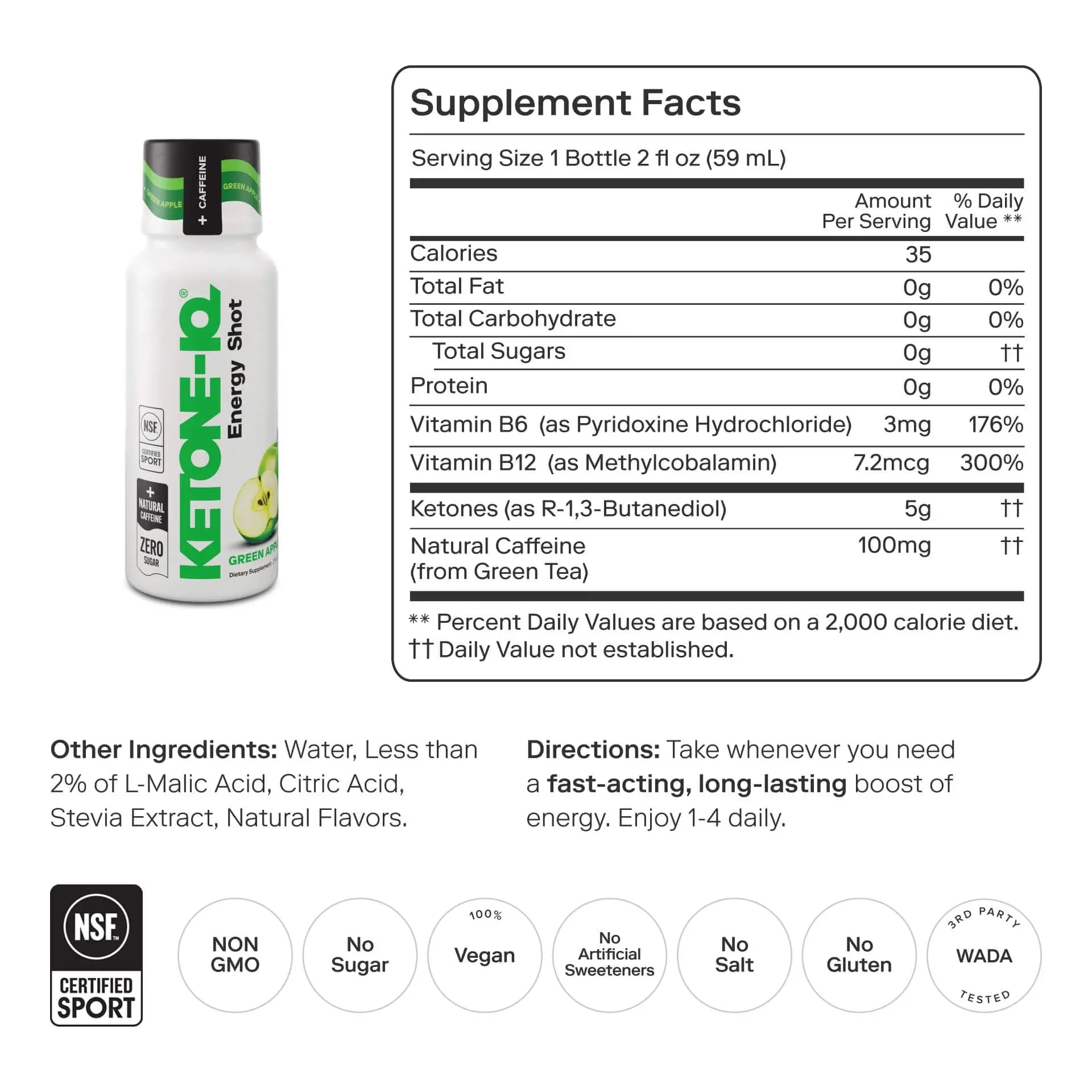 Ketone-IQ Ketone Energy Shots - 100mg Green Tea Caffeine, 5g Exogenous Ketones, and B Vitamins - 24 On The Go Caffeine Shots - Fast Acting Energy Drink (Green Apple) Ketone-IQnz supplements