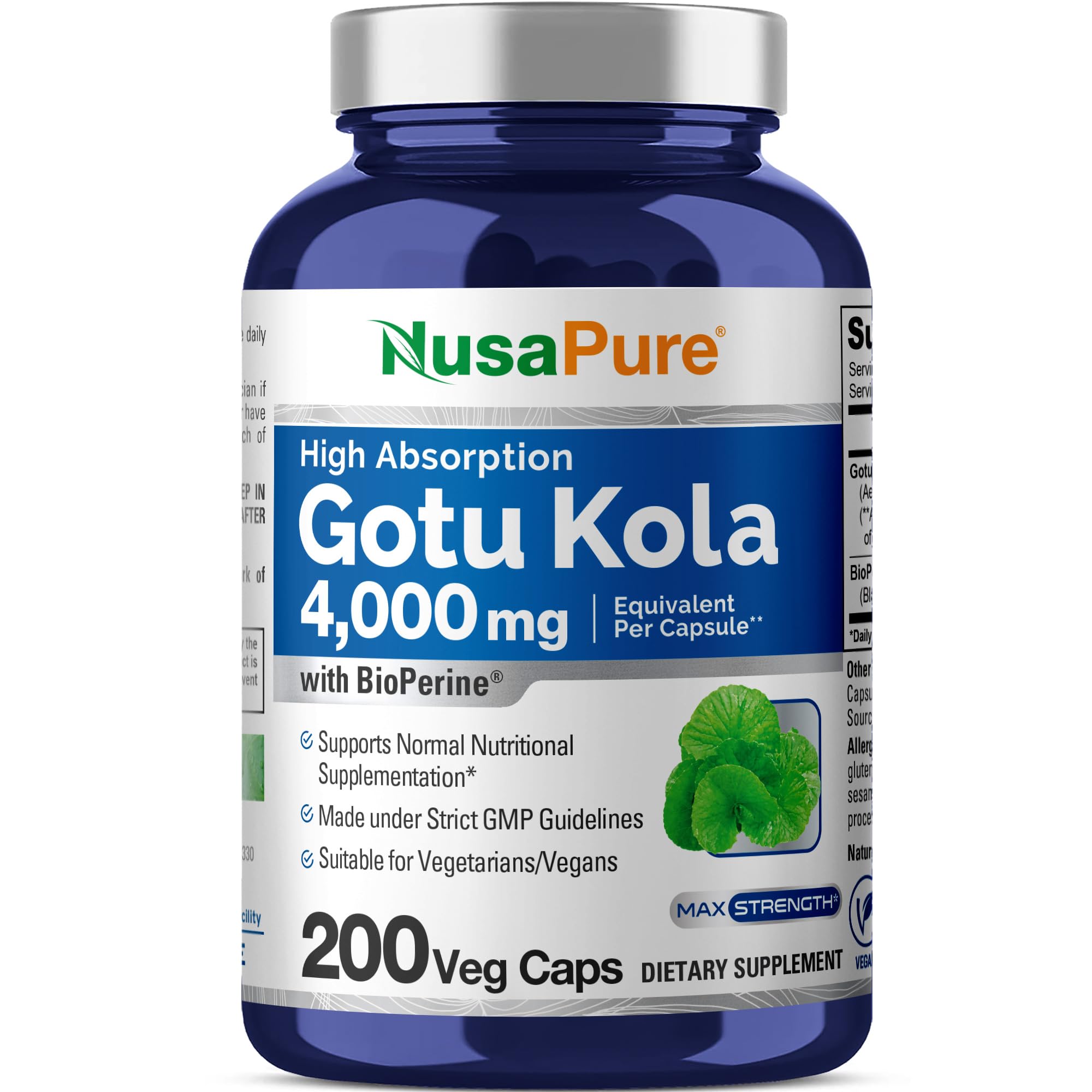 NusaPure Gotu Kola Capsules 20:1 Extract, 200 mg Equivalent to 4000mg Per Veggie Caps, 200 Count, Non-GMO, Vegan, Bioperine - Traditional Herb Extract NusaPureAu supplements