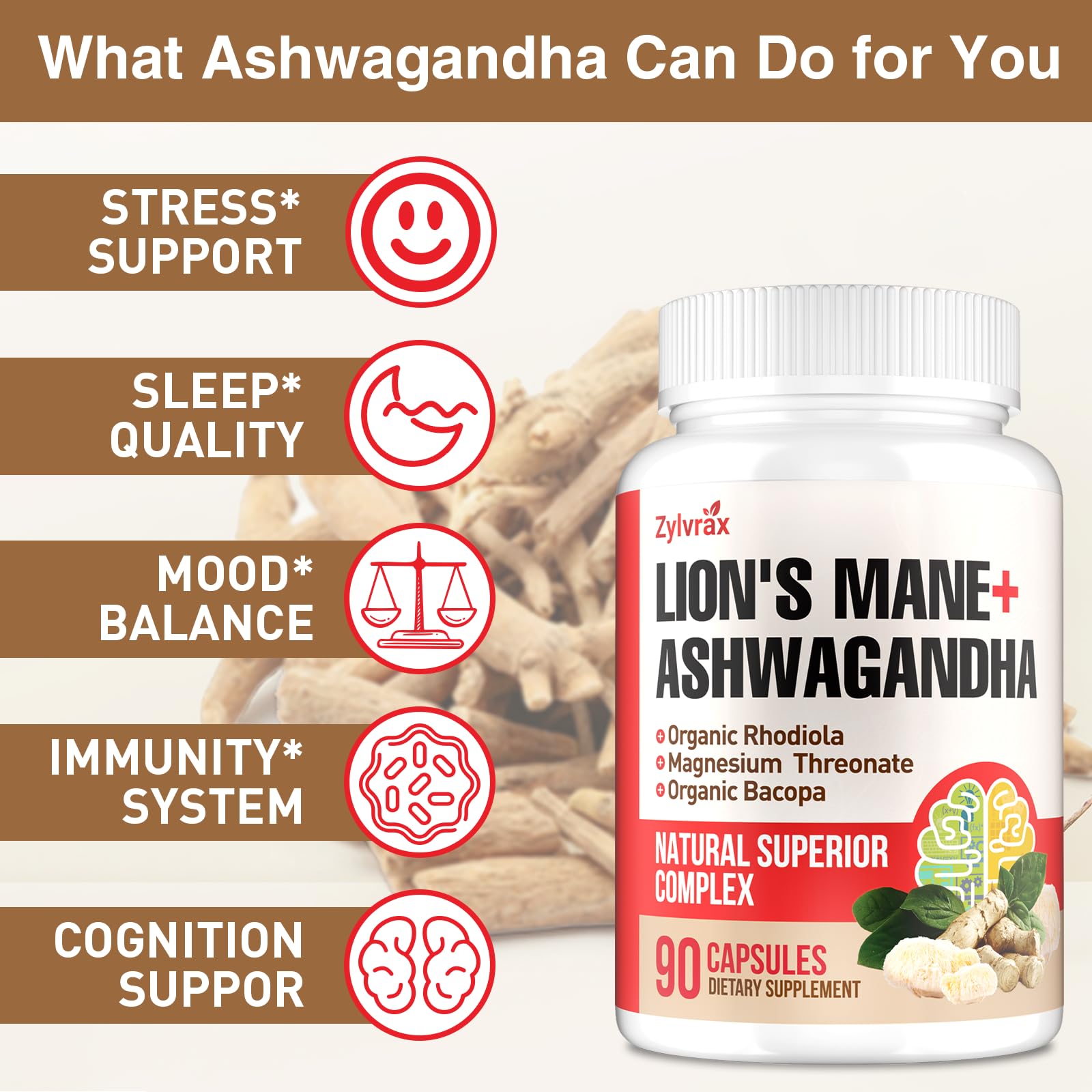 Ashwagandha & Lions Mane Supplements Capsules, Brain Supplements for Memory and Focus, Ashwagandha with Rhodiola Rosea for Cognitive, Immune Support, Cortisol Supplements for Women, 90 Capsules ZylvraxAu supplements