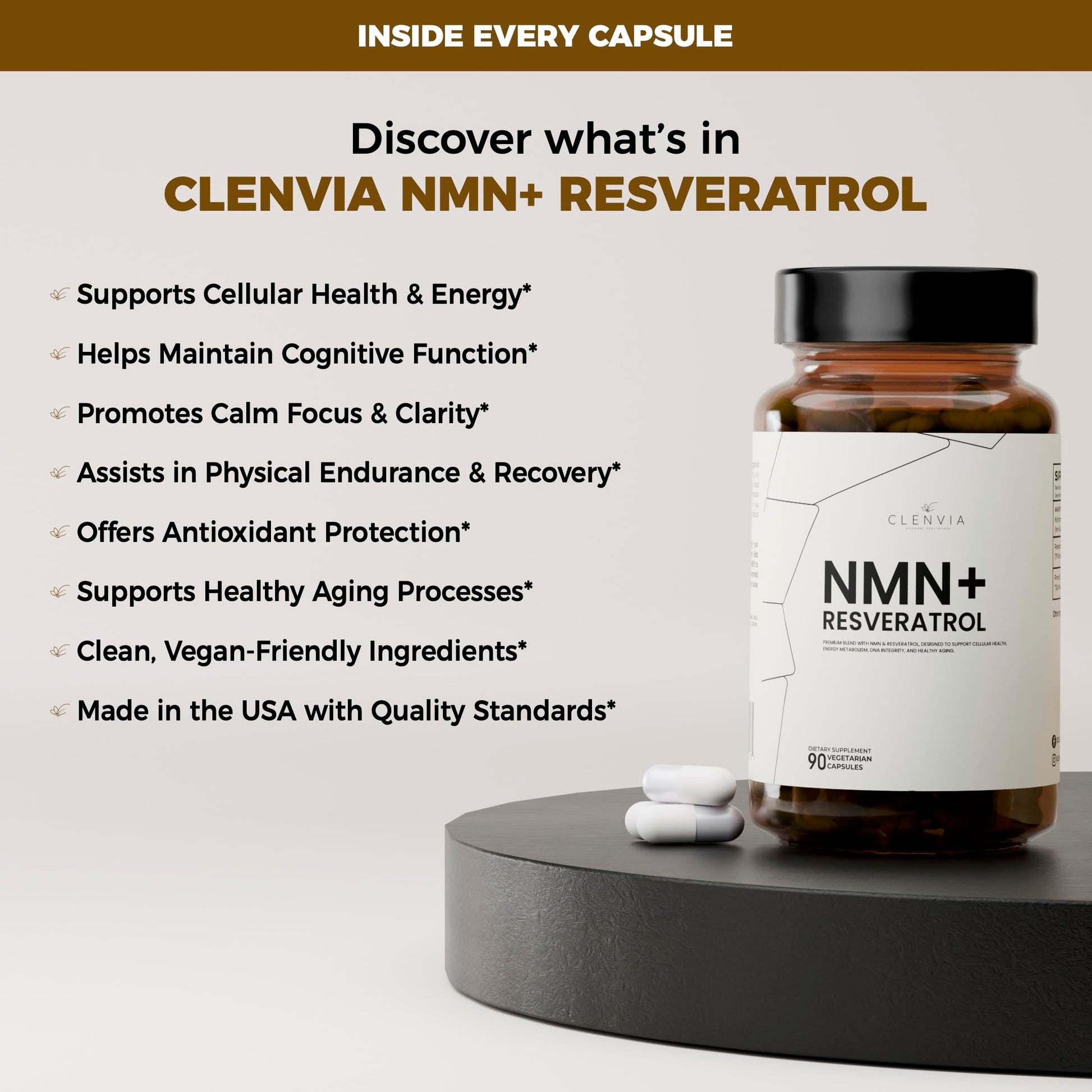 CLENVIA Premium NMN Supplement with Resveratrol – High Potency NAD+ Support Formula – >99.7% Purity – Third-Party Tested – Made in USA – 500mg Nicotinamide + 100mg Resveratrol – 90 Capsules CLENVIAAu supplements